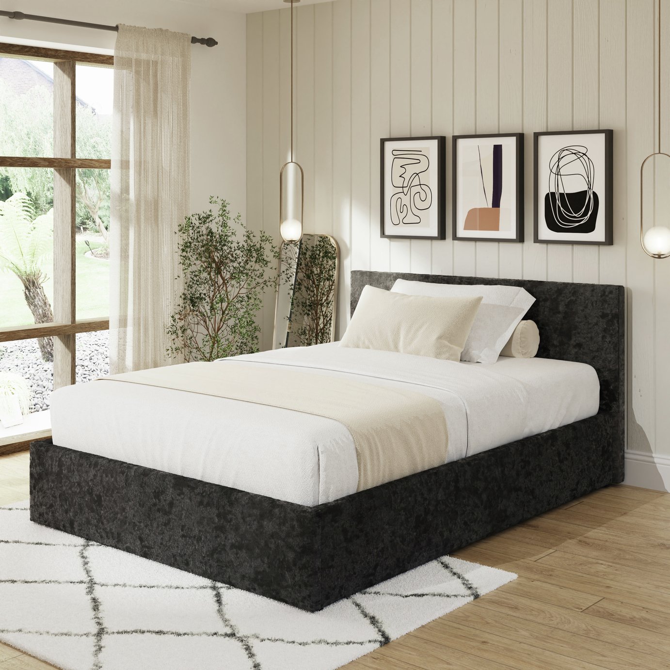 GFW End Lift Double Velvet End Lift Ottoman Bed - Black