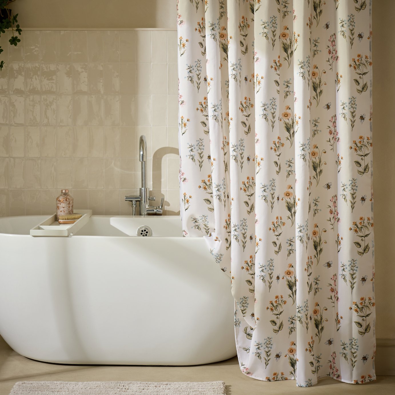 Argos Home Bee Print Shower Curtain - White