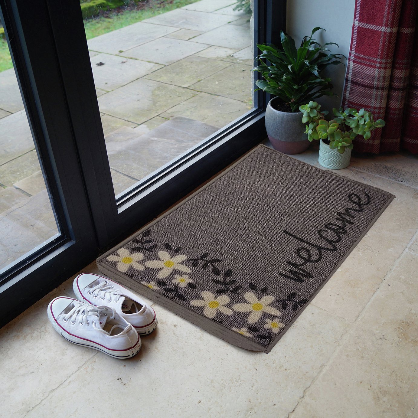 Mighty Mats Floral Grey Short Pile Doormat - 60x40cm