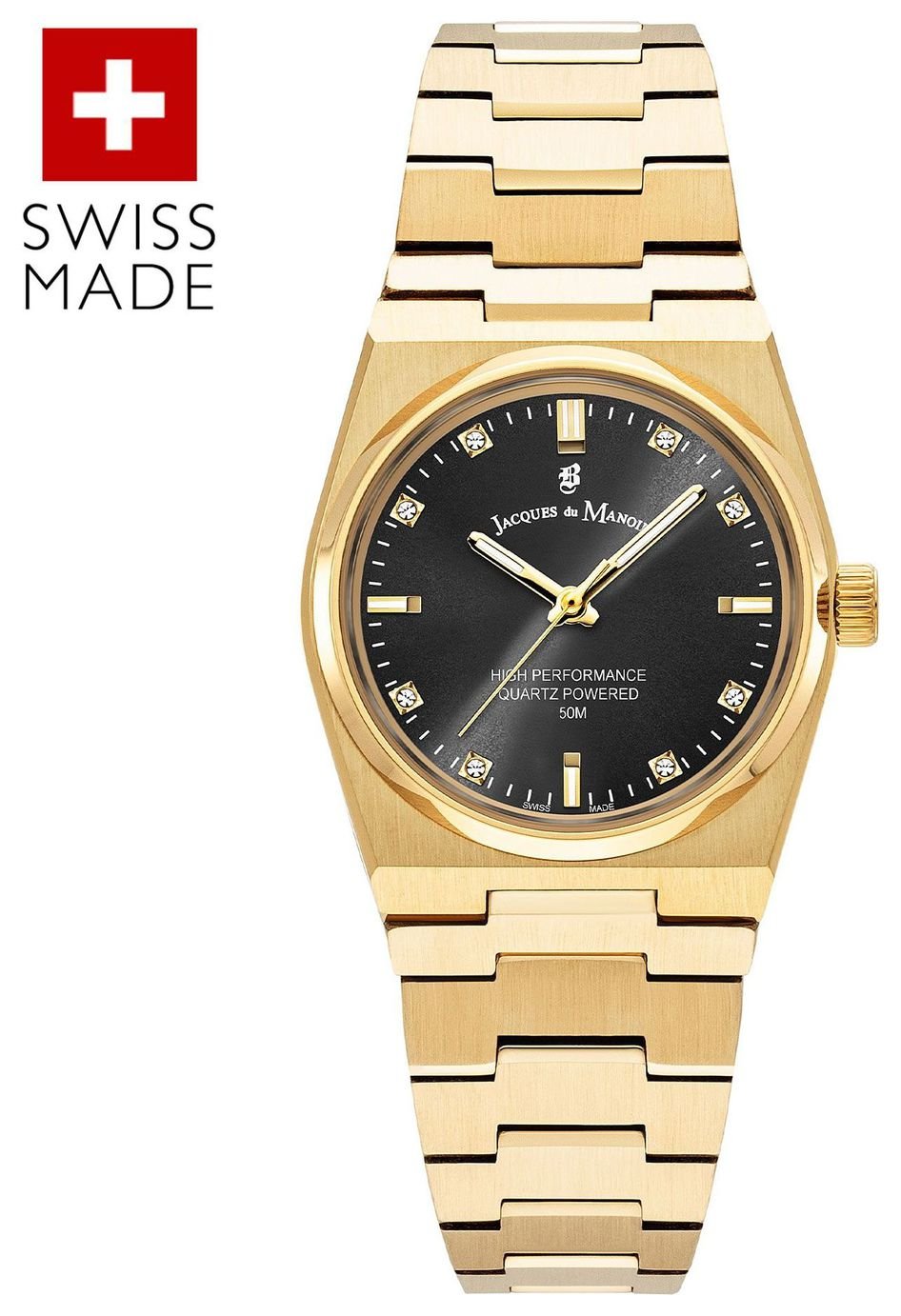 Jacques du Manoir Black Dial Gold Plated Bracelet Watch
