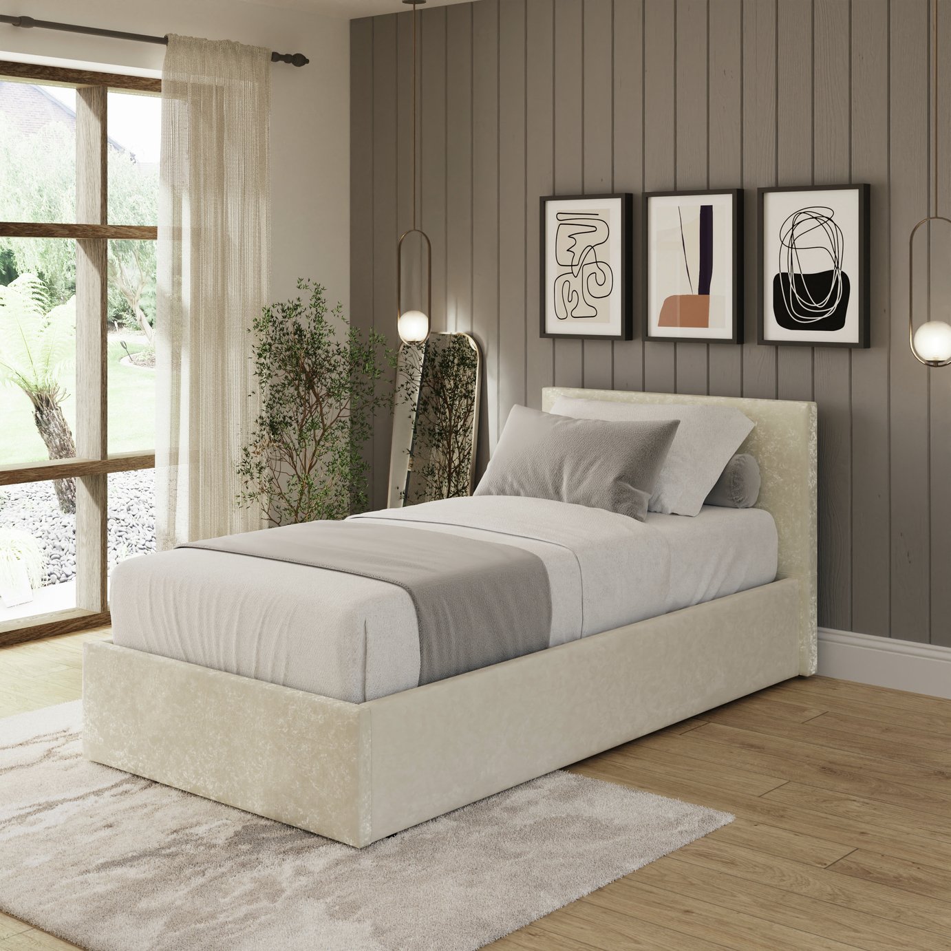 GFW Single Crushed Velvet End Lift Ottoman Bed- Cream