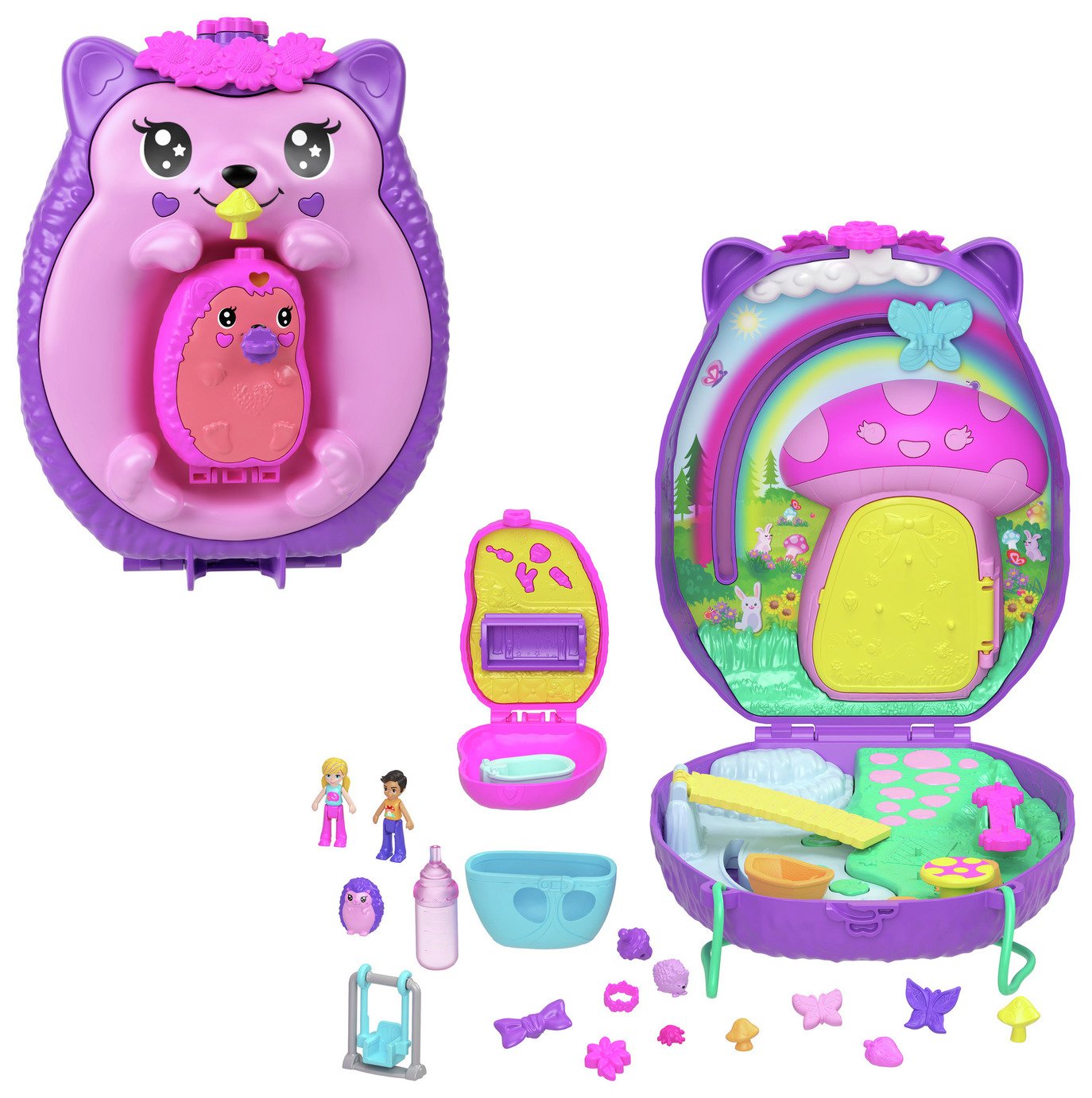 Polly Pocket Hedgehog Mom & Baby Purse Playset with 2 Dolls 