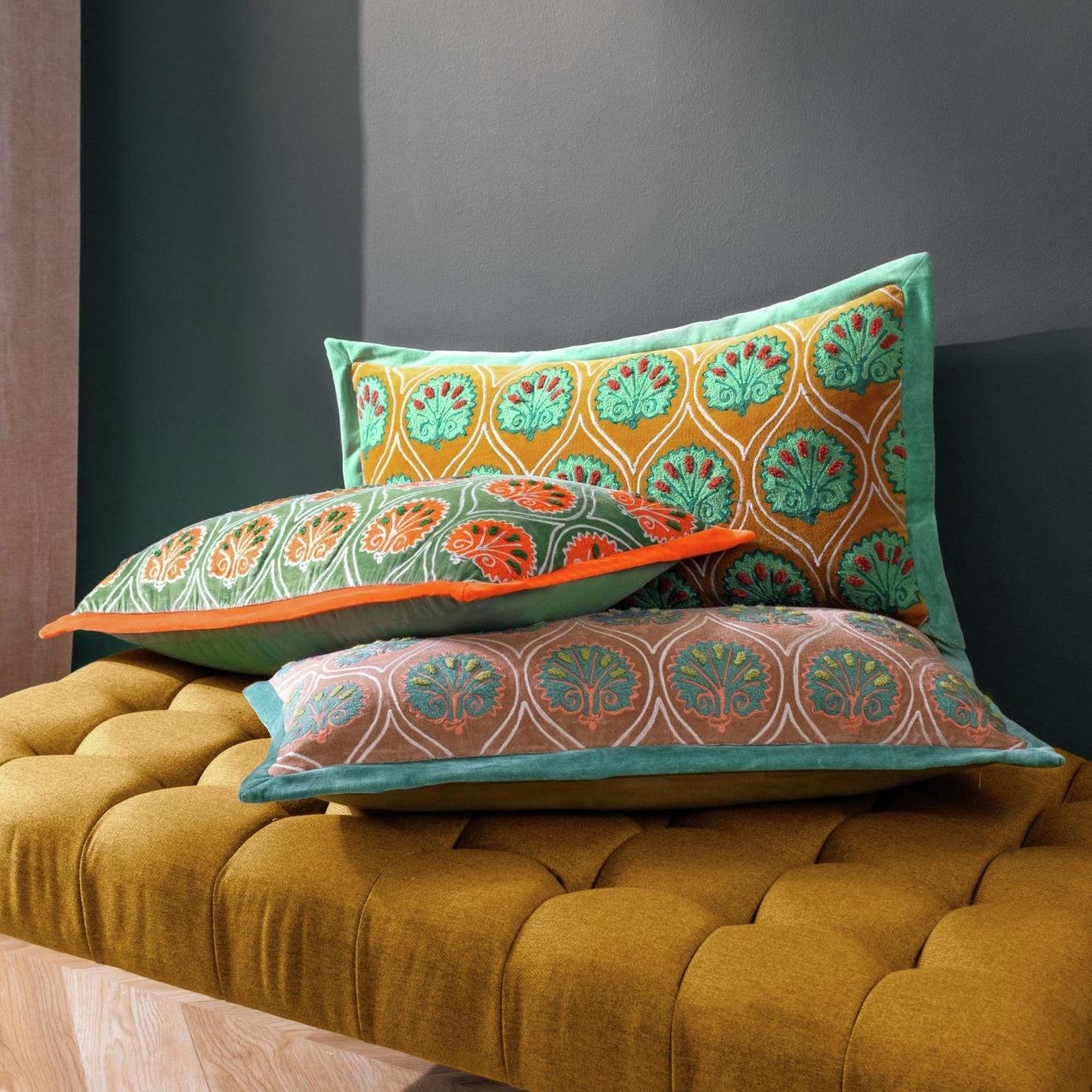 Paoletti Casa Embroidered Cushion - Ochre - 30x60cm