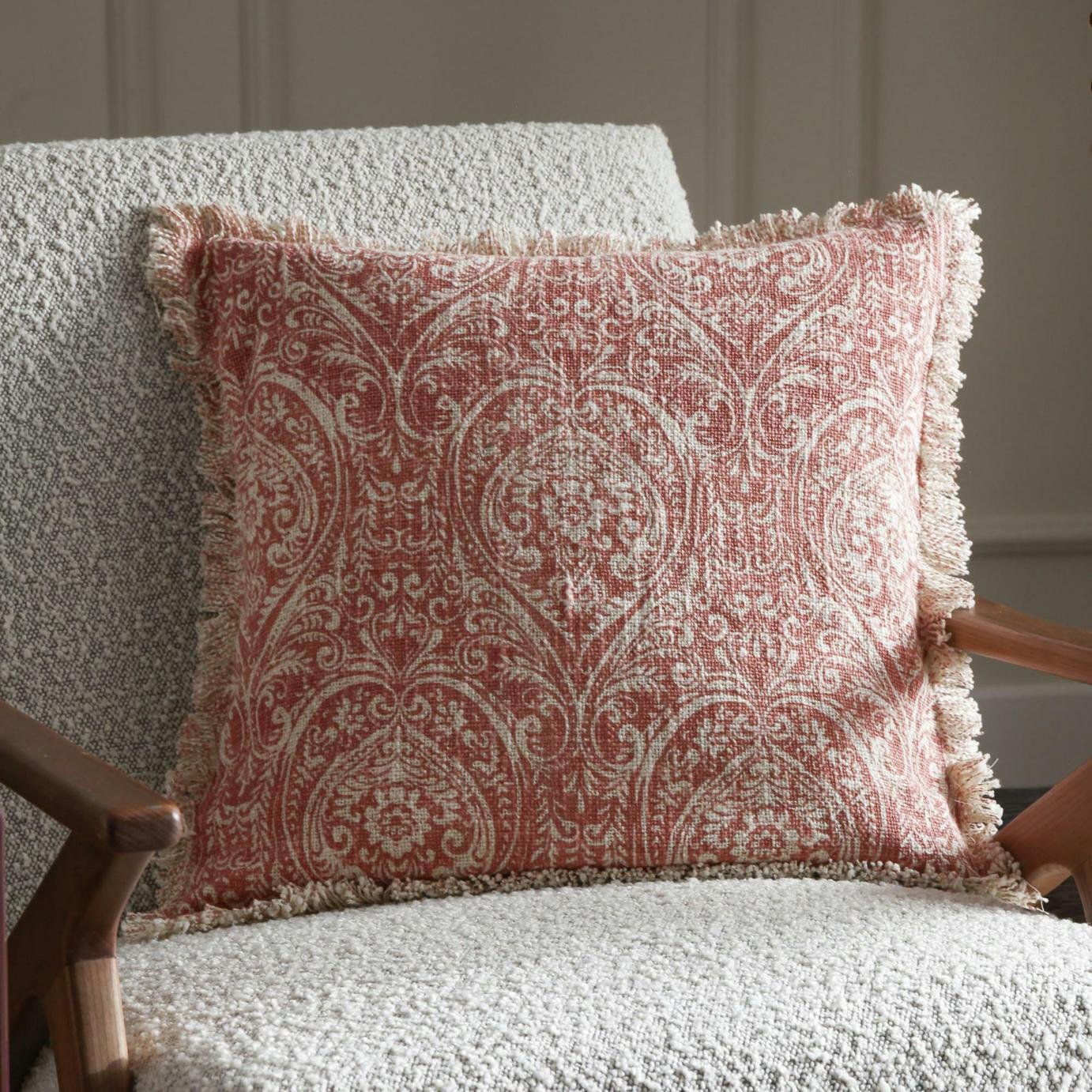 Paoletti Durelle Damask Fringed Cushion - Coral - 50x50cm