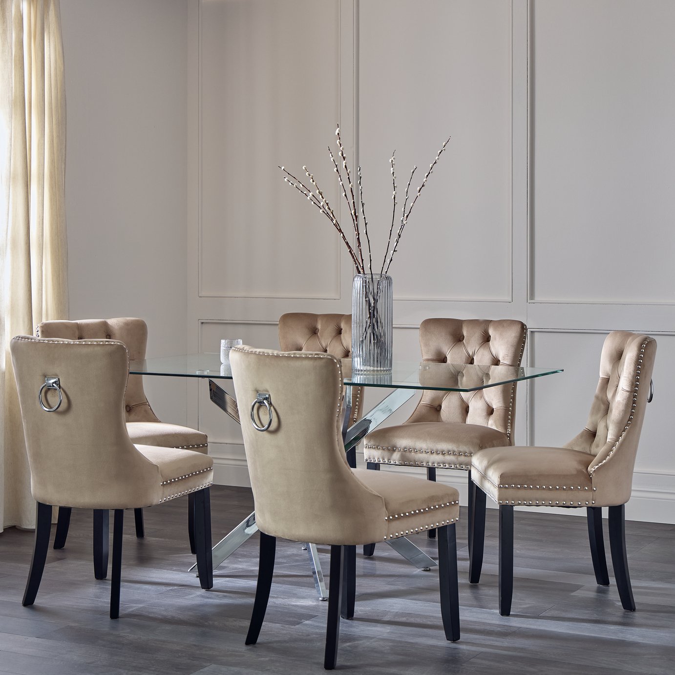 Argos Home Blake Chrome Dining Table & 6 Taupe Chairs