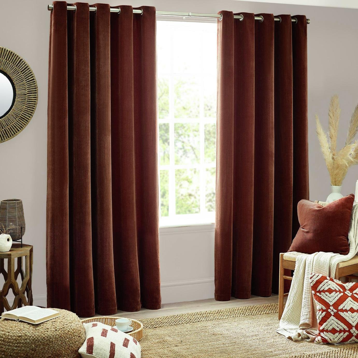 Yard Chenille Plain Fully Lined Eyelet Curtains - Nutmeg