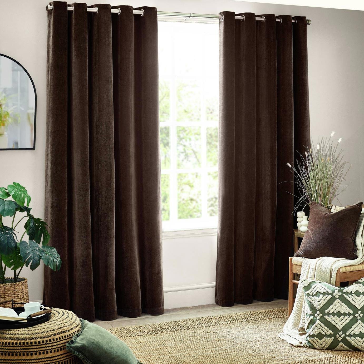 Yard Chenille Plain Fully Lined Eyelet Curtains - Brown