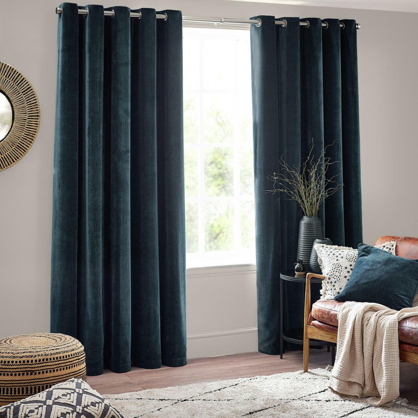 Yard Chenille Plain Fully Lined Eyelet Curtains - Navy