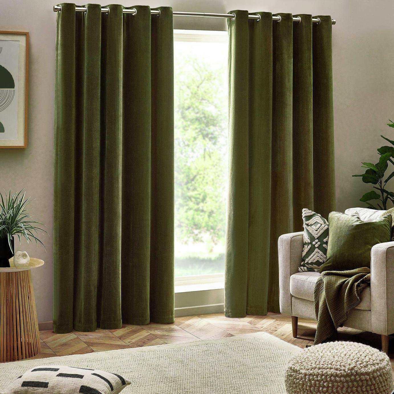 Yard Chenille Plain Fully Lined Eyelet Curtains - Olive