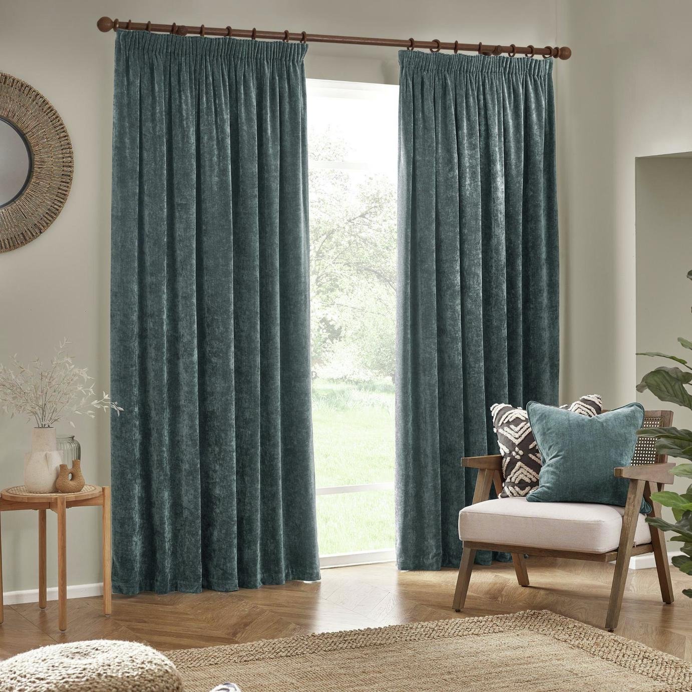 Yard Chenille Plain Fully Lined Pencil Pleat Curtains-Marine