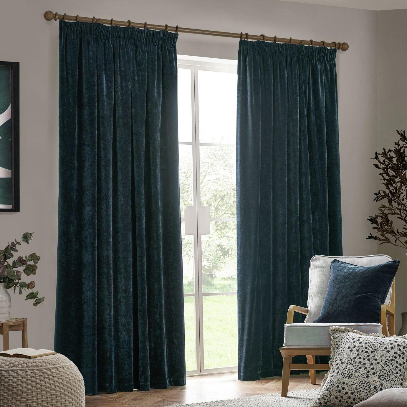 Yard Chenille Plain Fully Lined Pencil Pleat Curtains - Navy