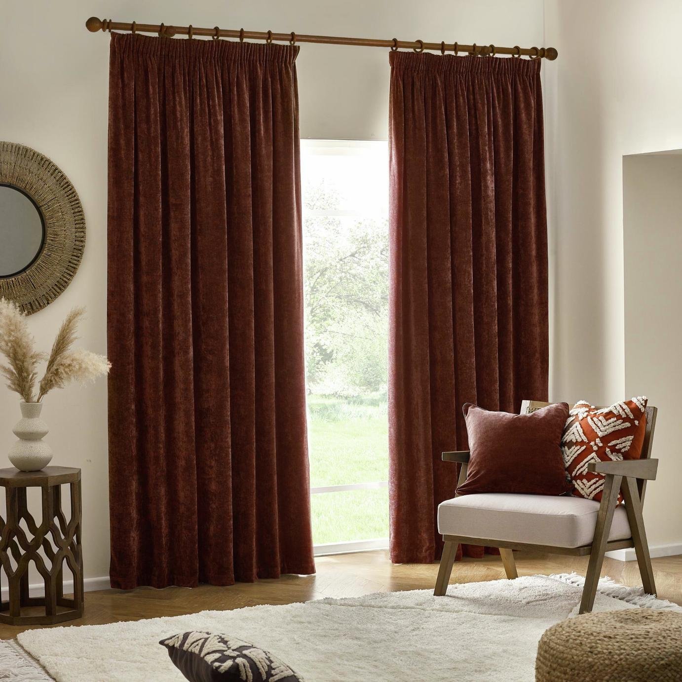 Yard Chenille Plain Fully Lined Pencil Pleat Curtains-Nutmeg