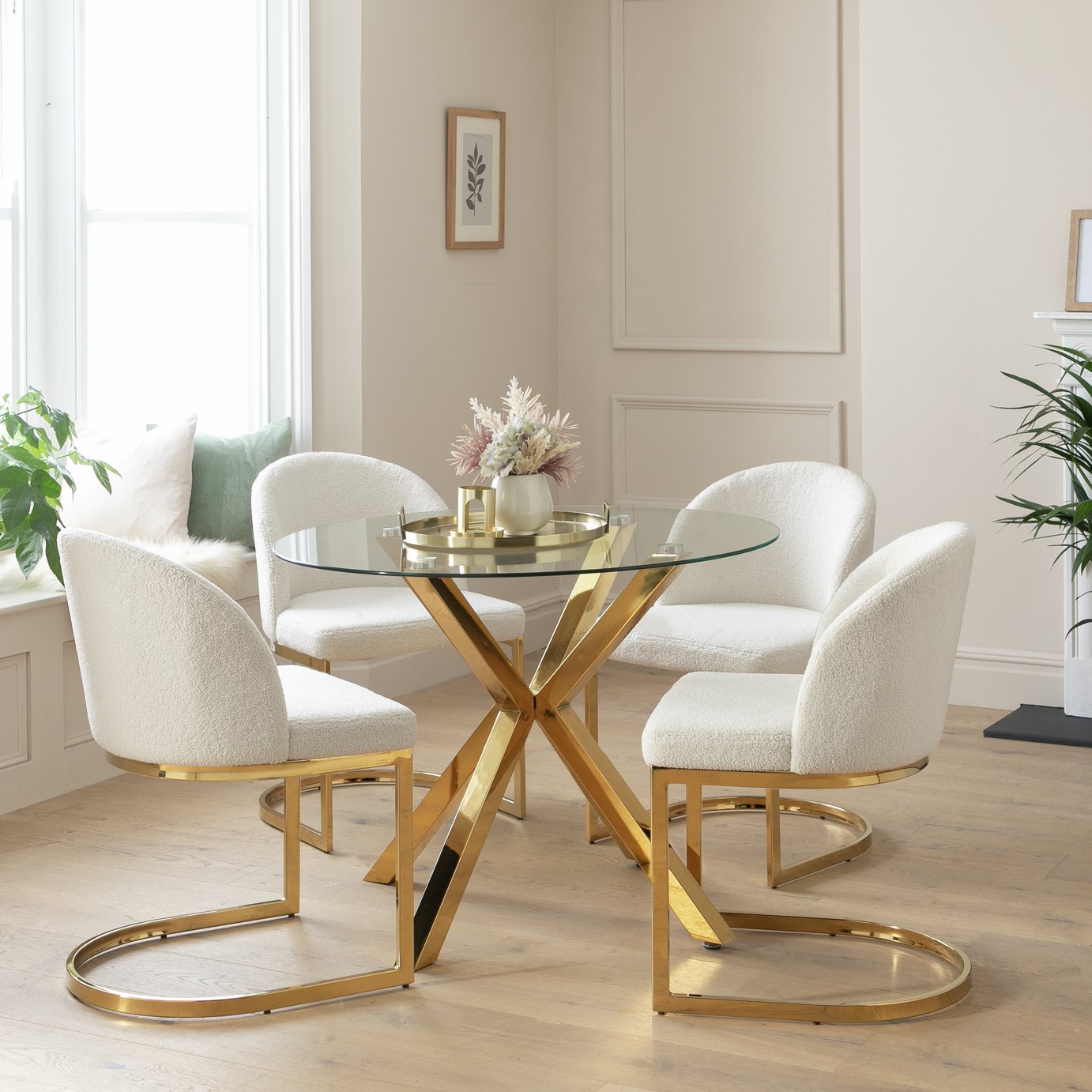 Argos Home Alice Glass Gold Dining Table & 4 White Chairs