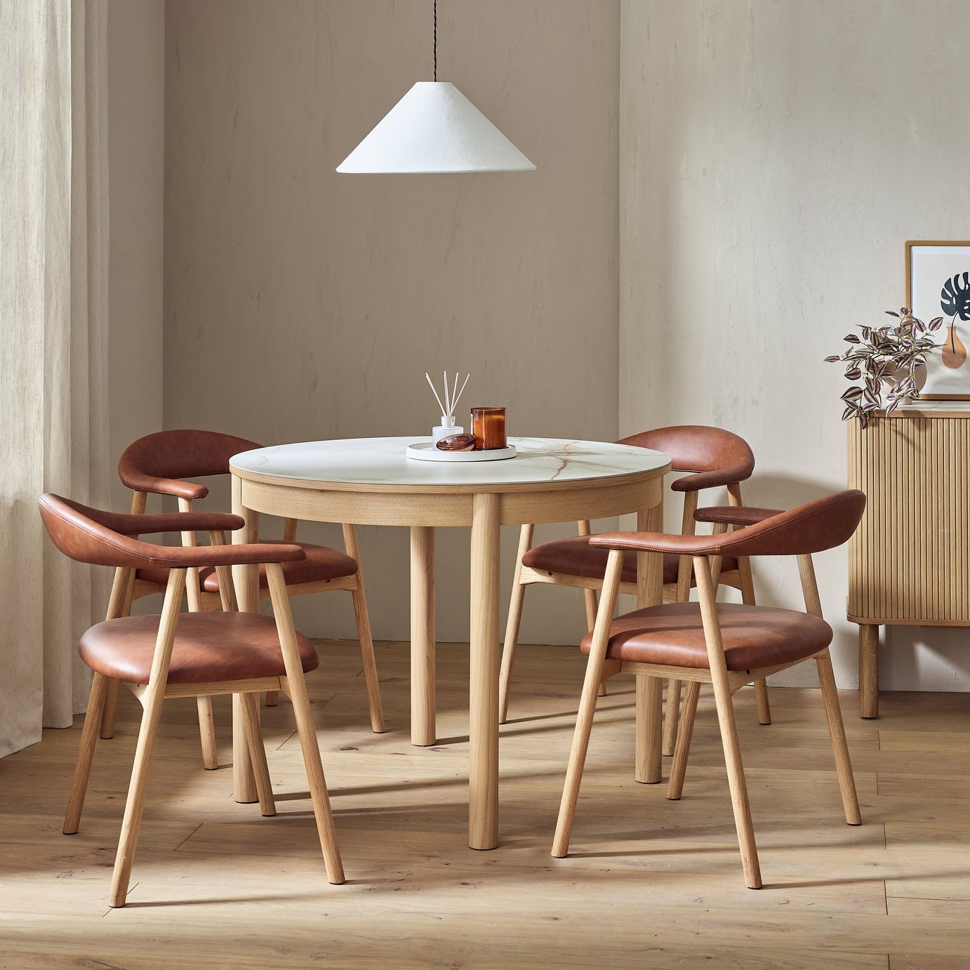 Habitat Lex Oak Dining Table & 4 Tan Chairs