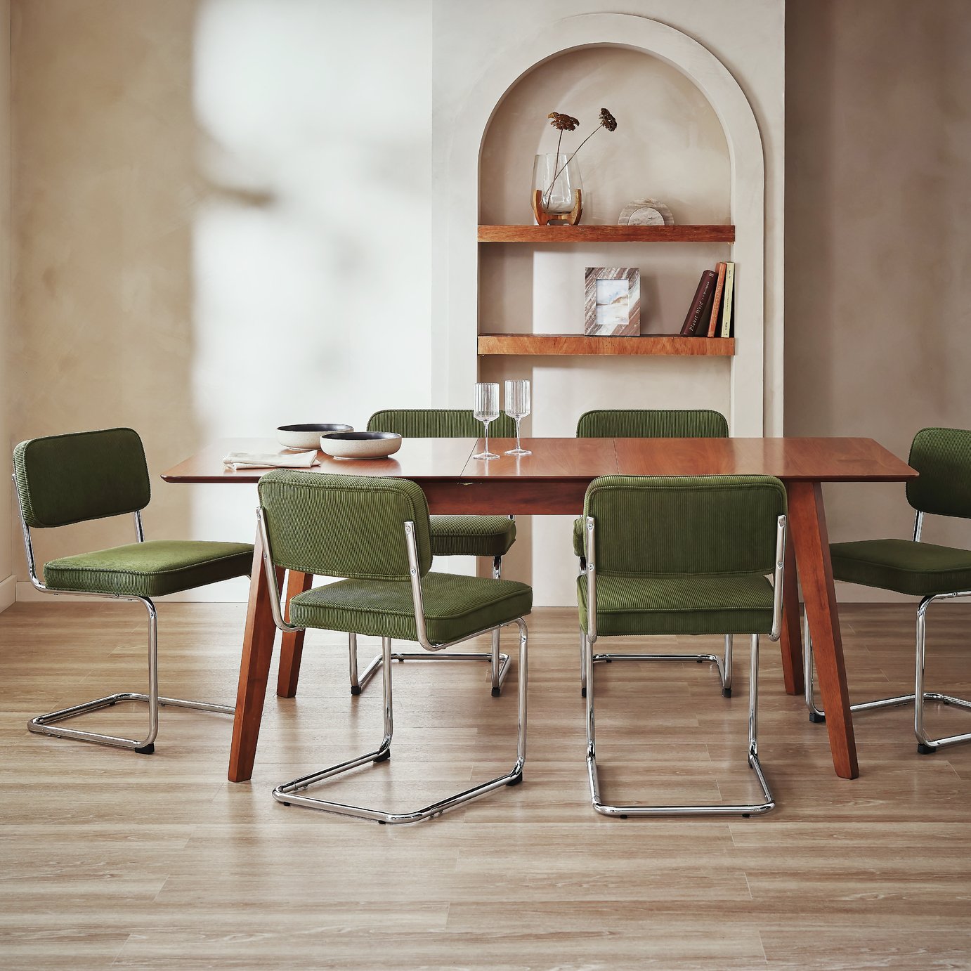 Habitat Callan Extend Walnut Dining Table & 6 Green Chairs