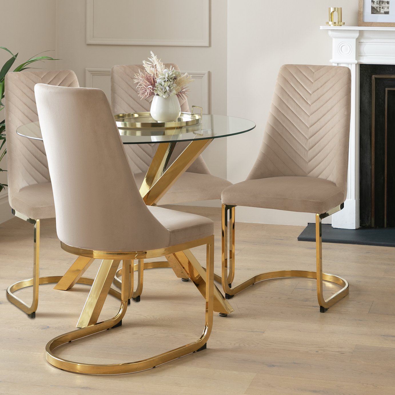 Argos Home Alice Glass Dining Table & 4 Beige Chairs