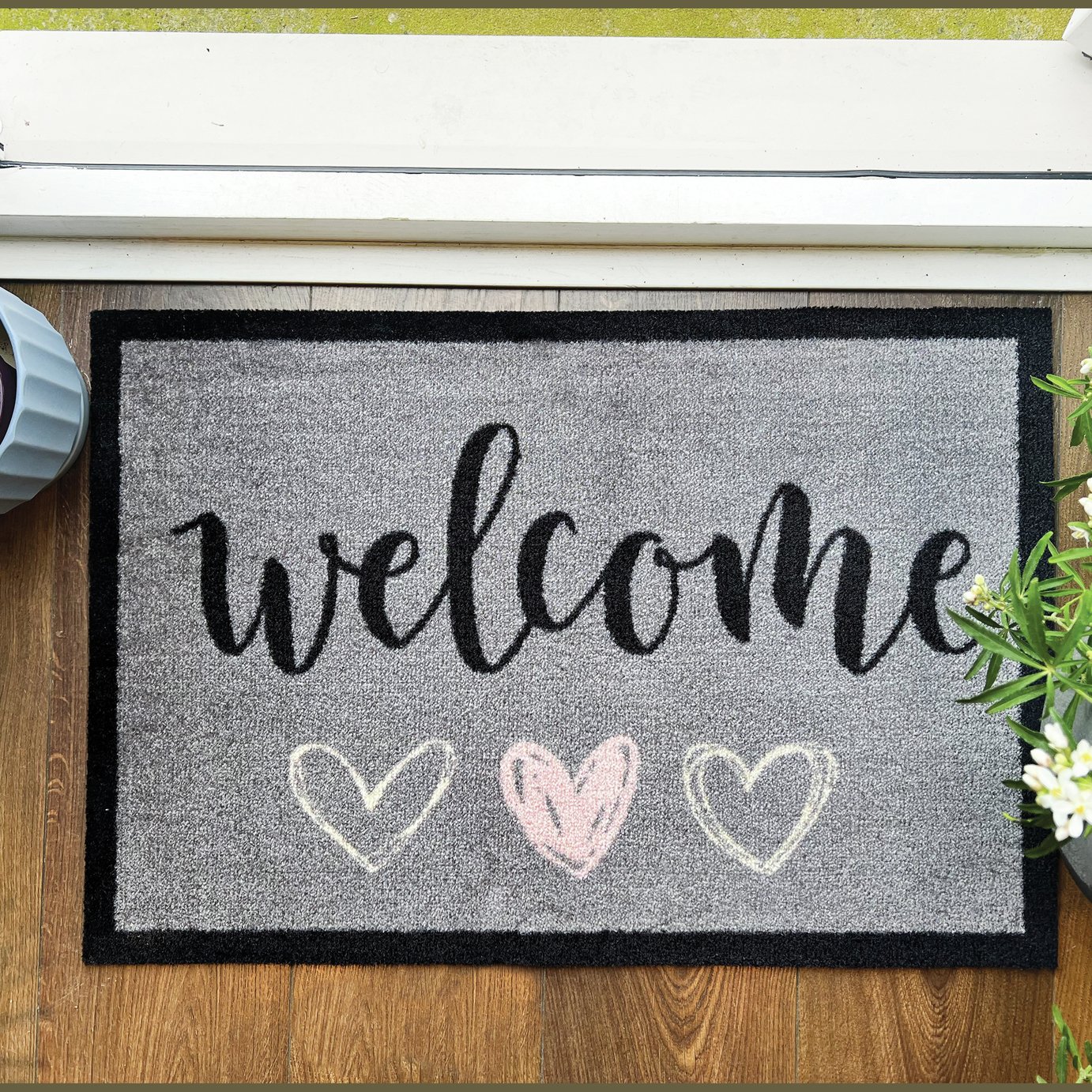 My Mats Welcome Grey Hearts Short Pile Doormat - 75x50cm