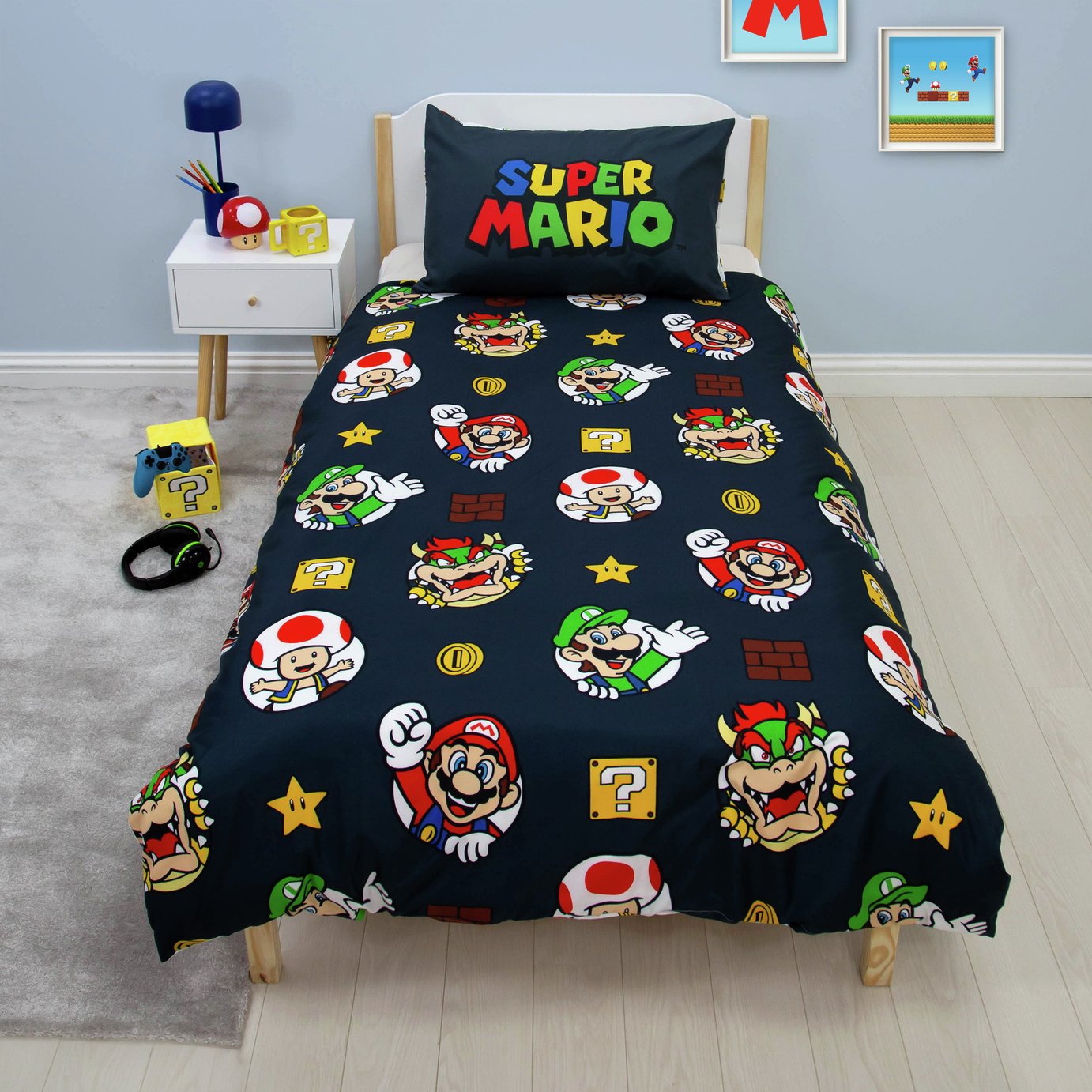 Nintendo Super Mario Black and White Kids Bedding Set-Single