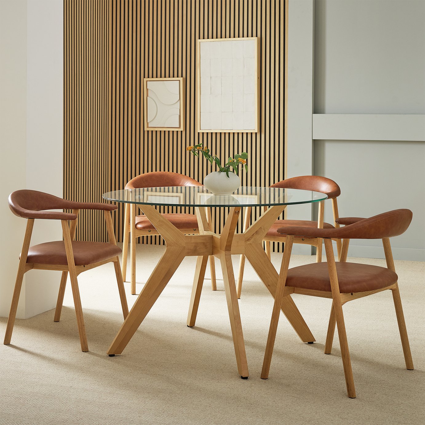 Habitat Zela Glass Natural Dining Table & 4 Tan Chairs