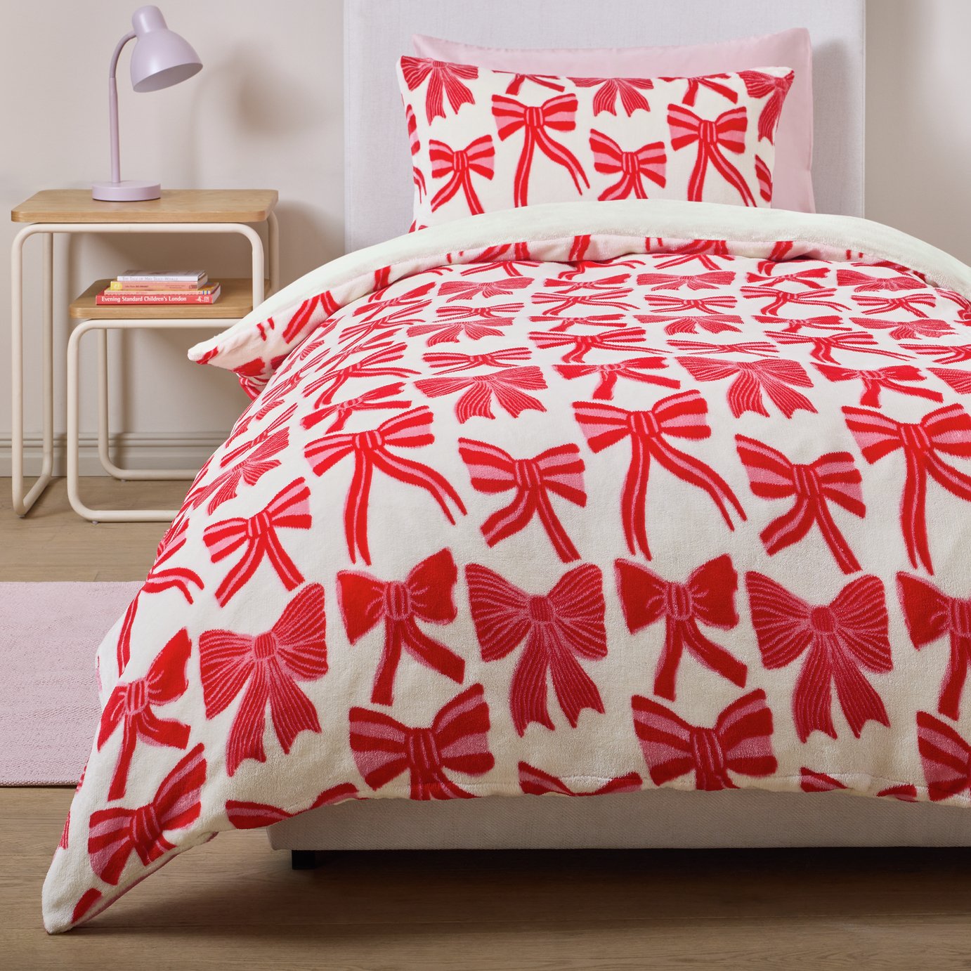 Argos Home Bows Fleece White & Pink Kids Bedding Set- Double