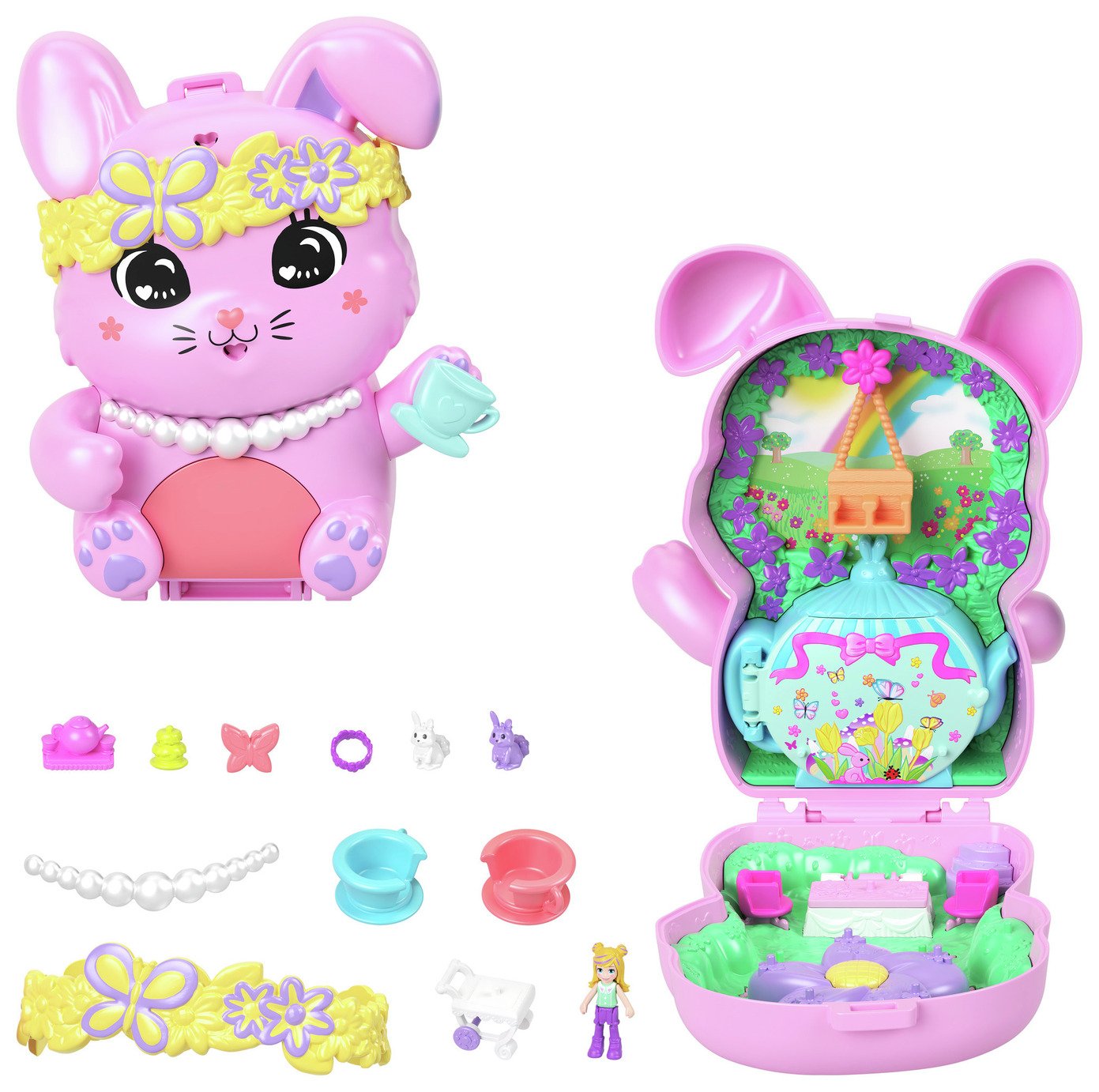 Polly Pocket Tea Party Bunny Compact Playset and Micro Doll 