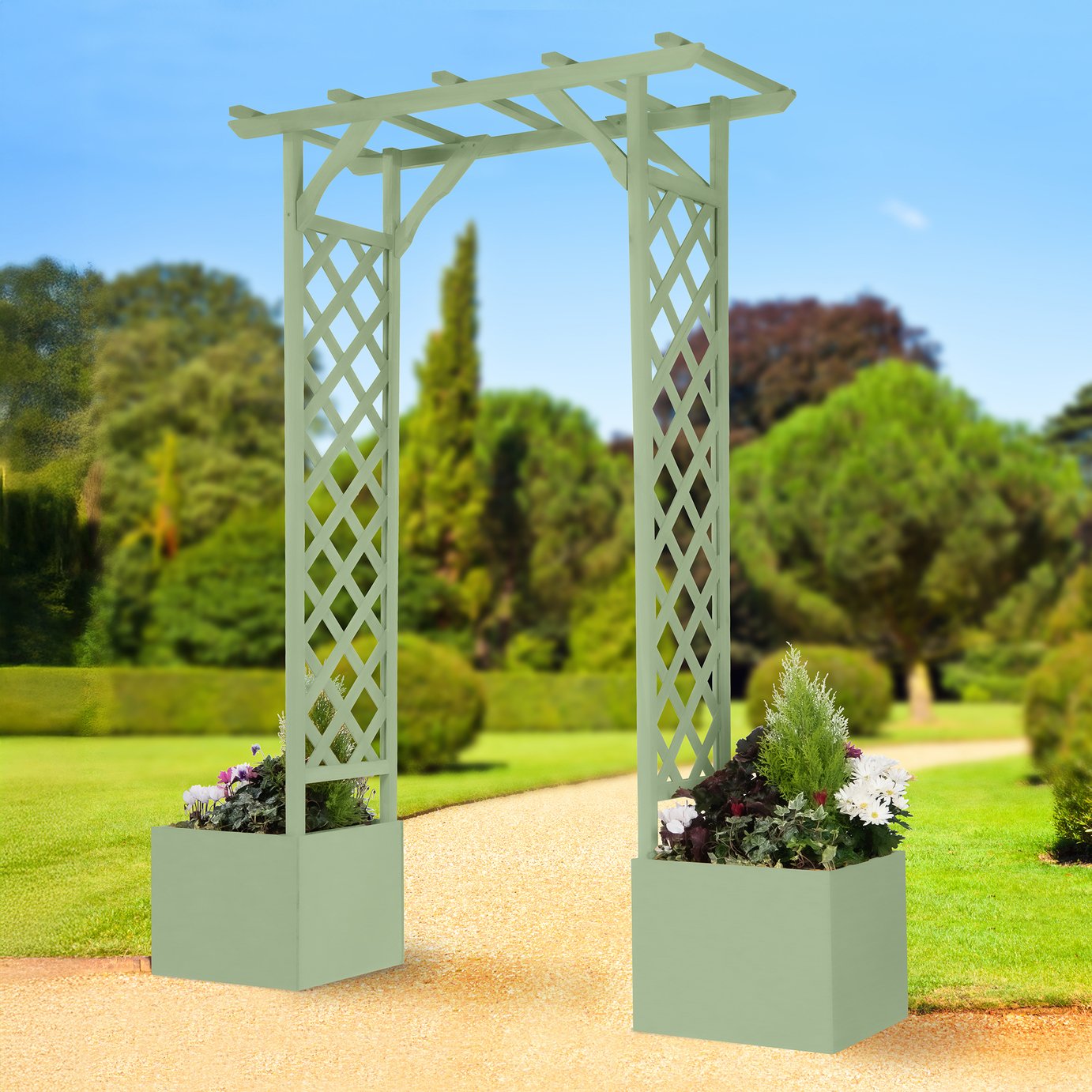 Greenhurst Wooden Garden Arch with Planters - Sage Green