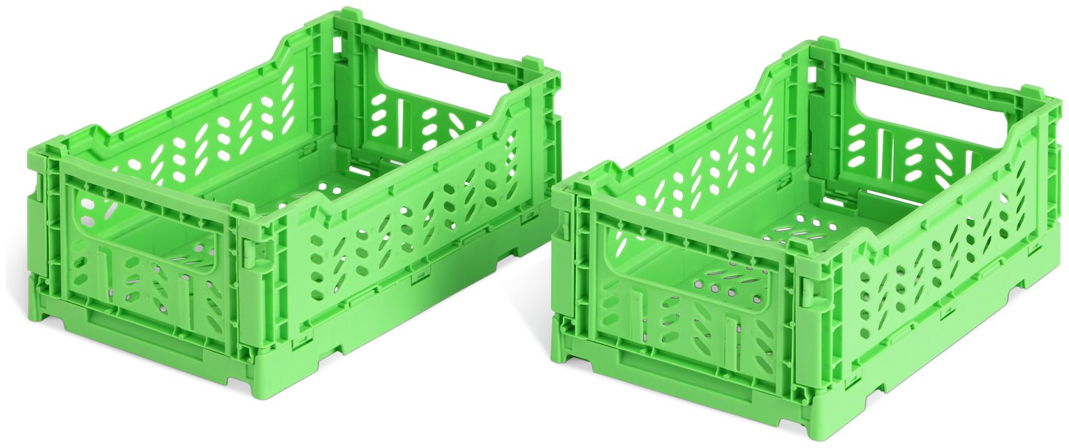 Habitat 2 x 3L Small Plastic Storage Folding Crates - Green