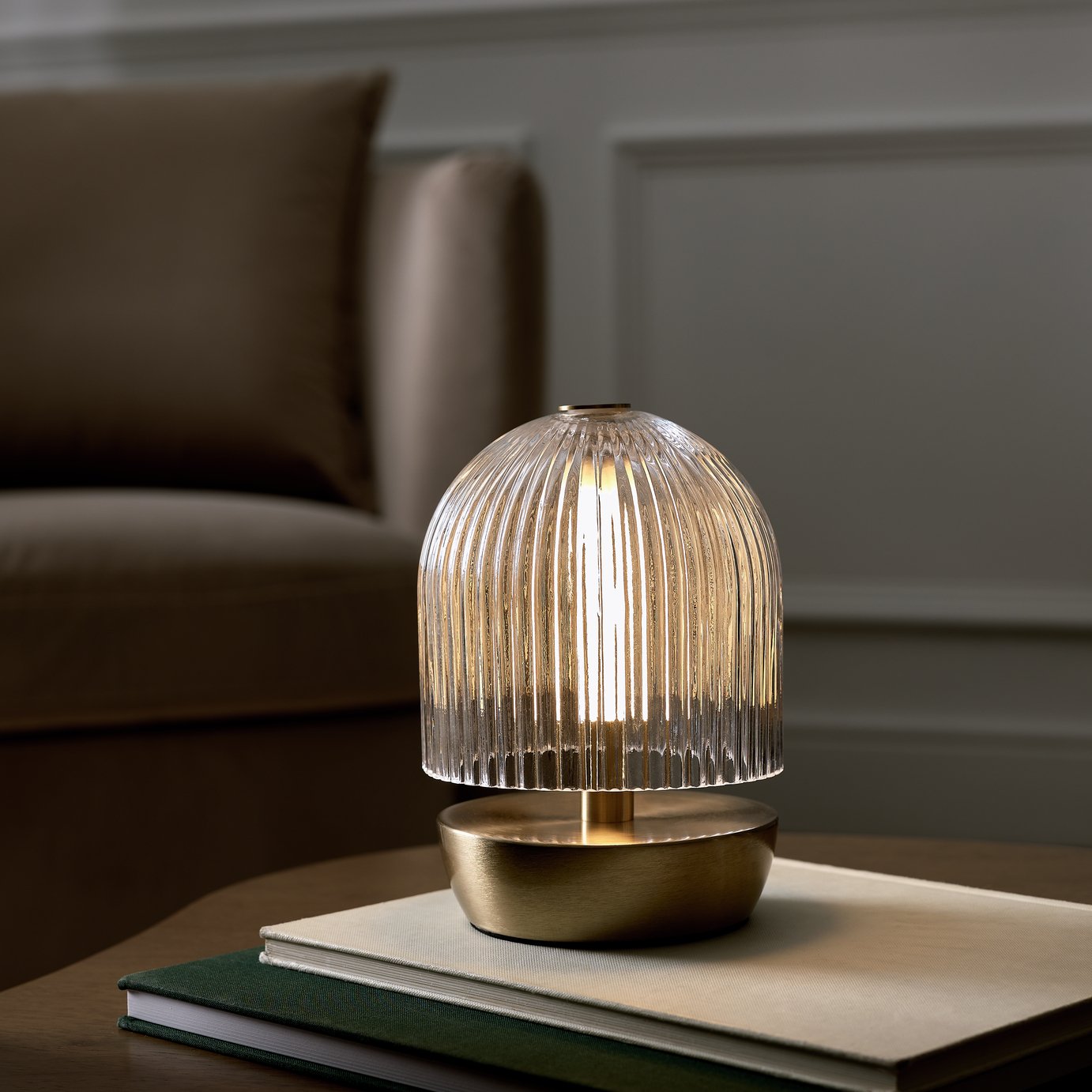 Habitat Ribbed Glass Portable Table Lamp - Brushed Brass