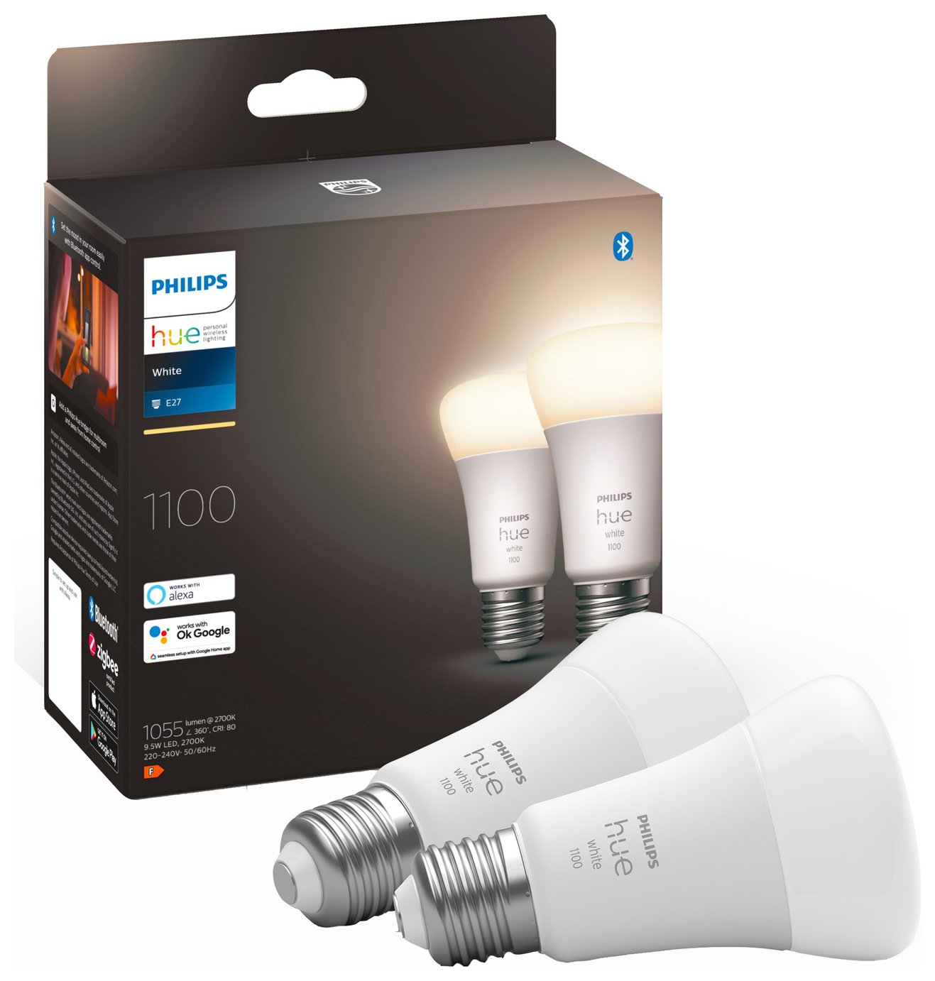 Philips Hue E27 9.5W White Smart Light Bulb - Pack of 2