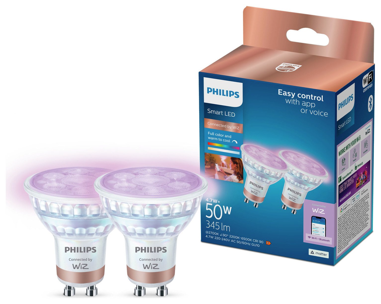 Philips WiZ GU10 4.7W Smart LED Light Bulb - Pack of 2