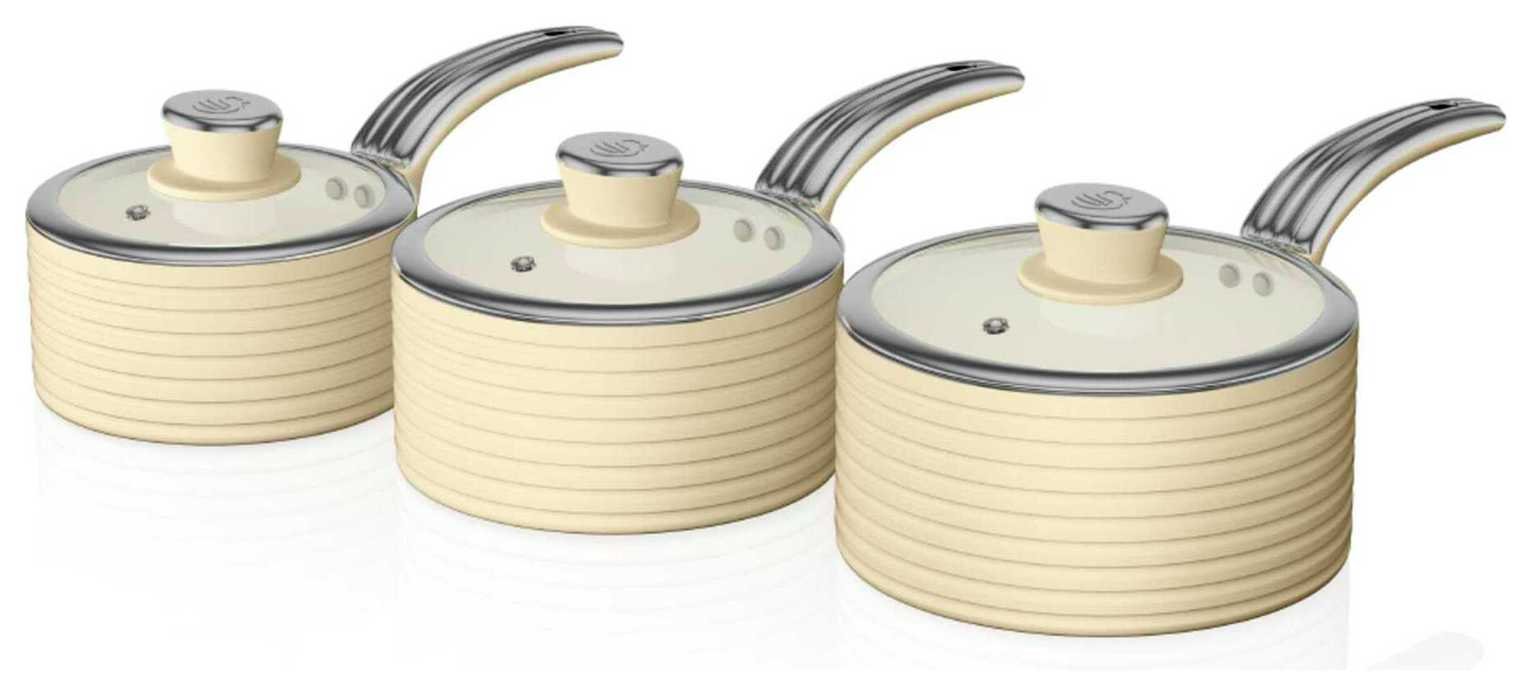 Swan Retro 3 Piece Non Stick Aluminium Saucepan Set - Cream