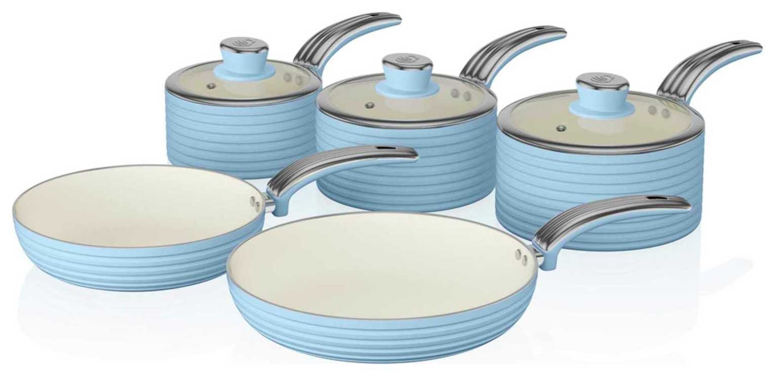 Swan Retro 5 Piece Aluminium Saucepan Set - Blue