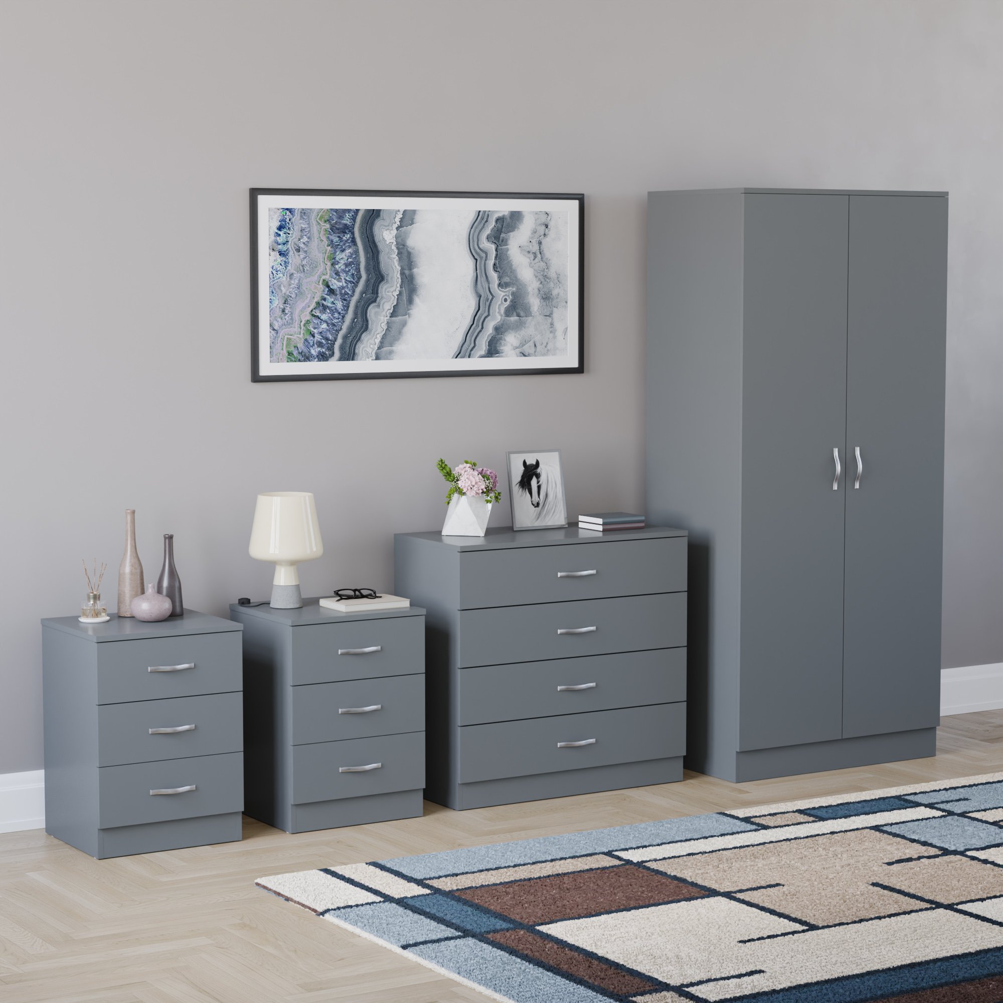 Vida Designs Riano Bedroom Set (Bedsides, 4 Drawer Chest, 2 Door Wardrobe)-Grey