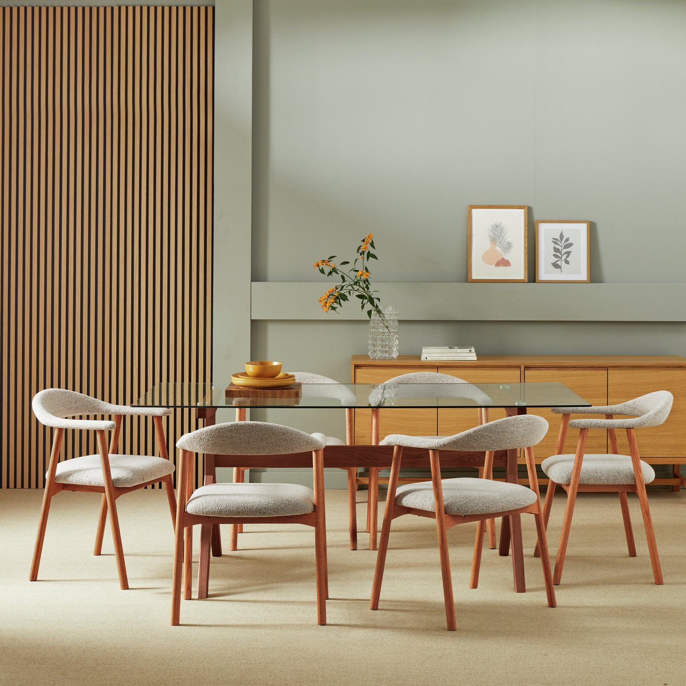 Habitat Zela Glass Walnut Dining Table & 6 Walnut Chairs