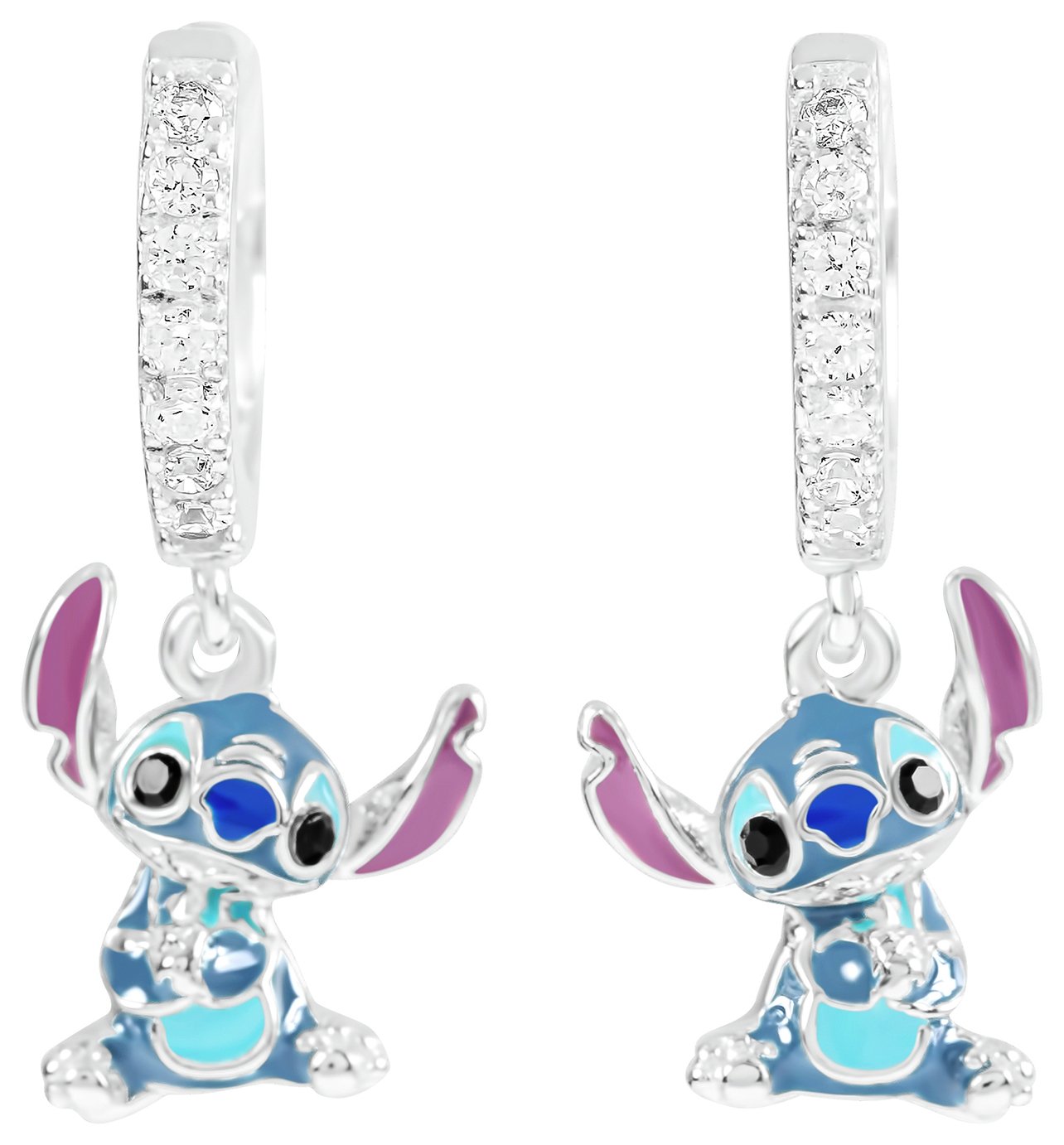 Disney Sterling Silver Stitch Charm Hoop Earrings 