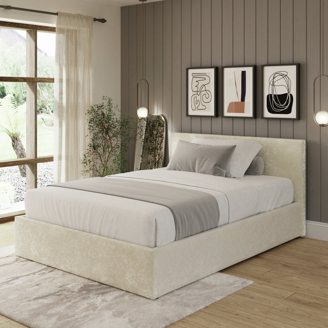 GFW Kingsize Crushed Velvet End Lift Ottoman Bed - Cream