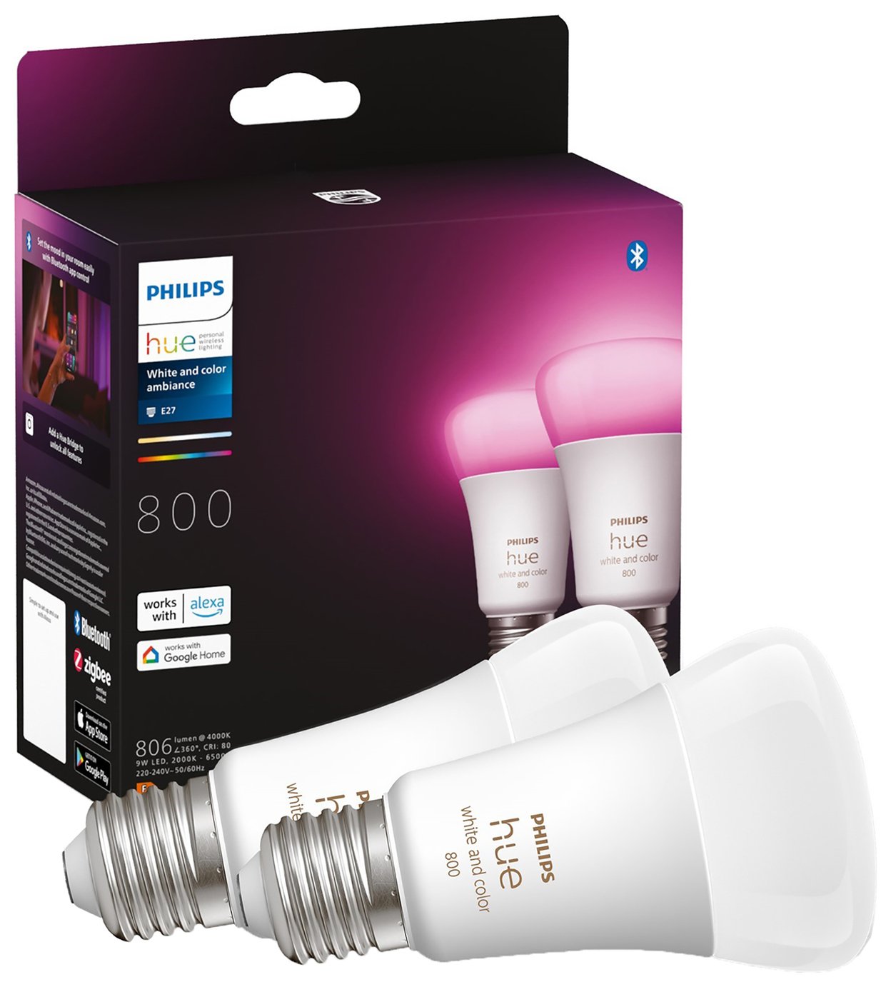 Philips Hue White and Colour E27 9W Smart LED Bulbs - 2 Pack