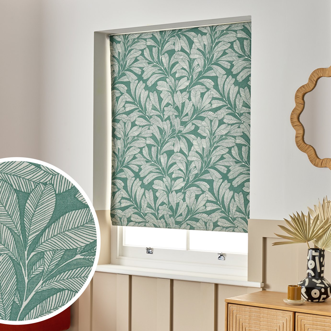 Habitat Linear Leaves Blackout Green Roller Blind - 120cm