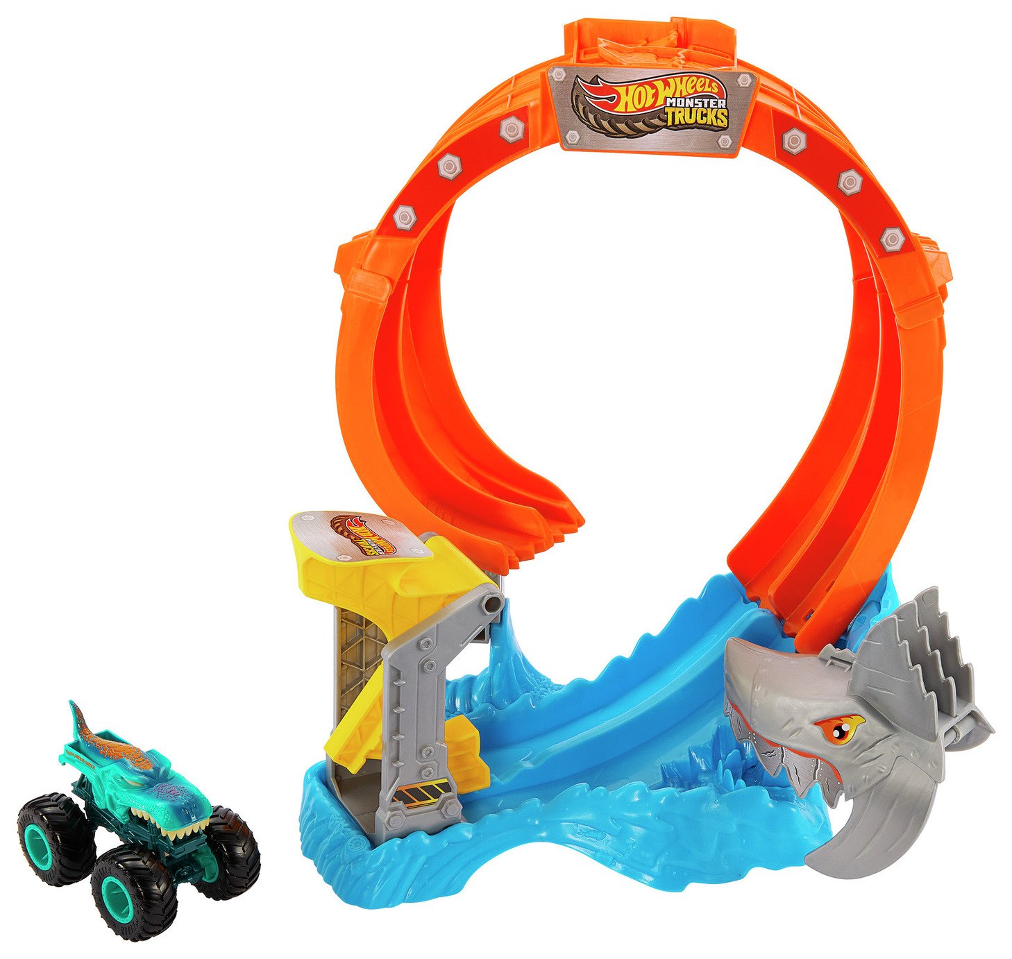 Hot Wheels Monster Trucks Corkscrew Shark Smash Track Set