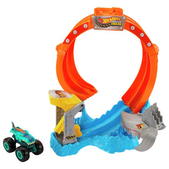 Hot Wheels Monster Trucks Corkscrew Shark Smash Track Set