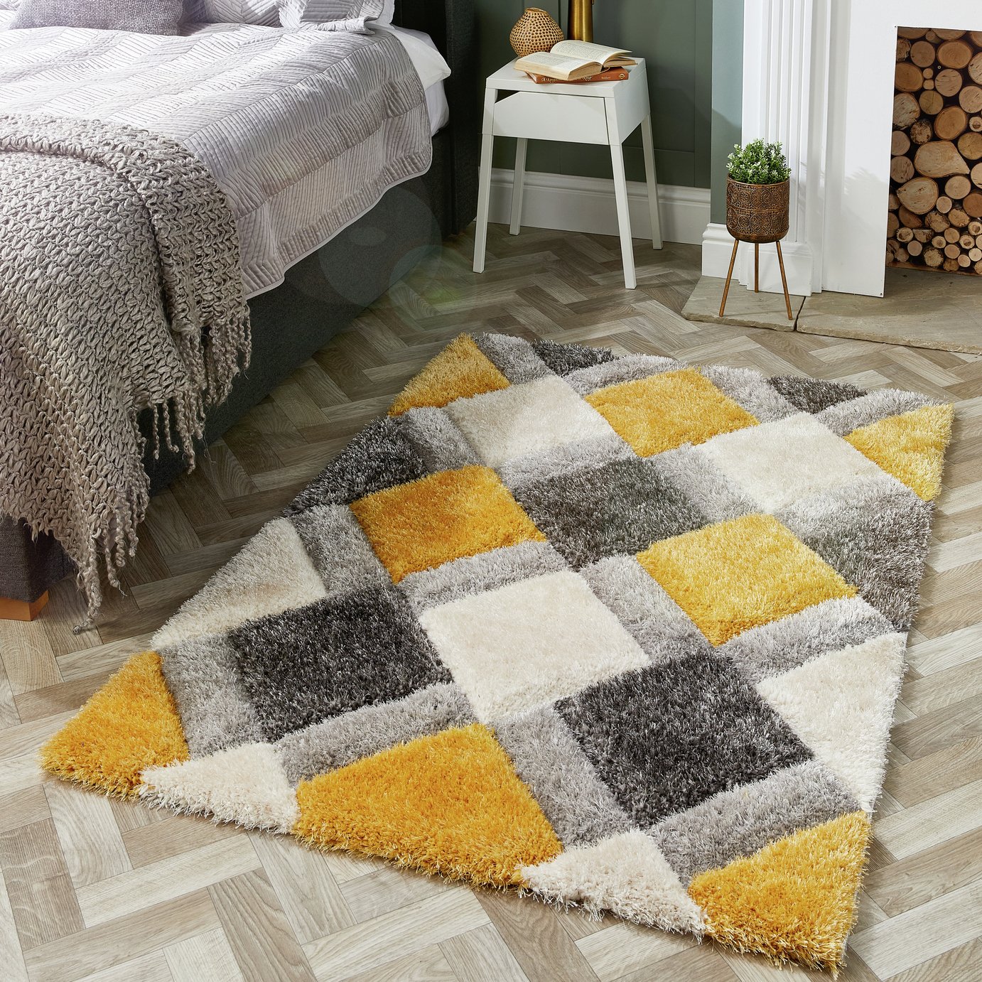 Origins 3D Geometric Ochre Shaggy Rug 