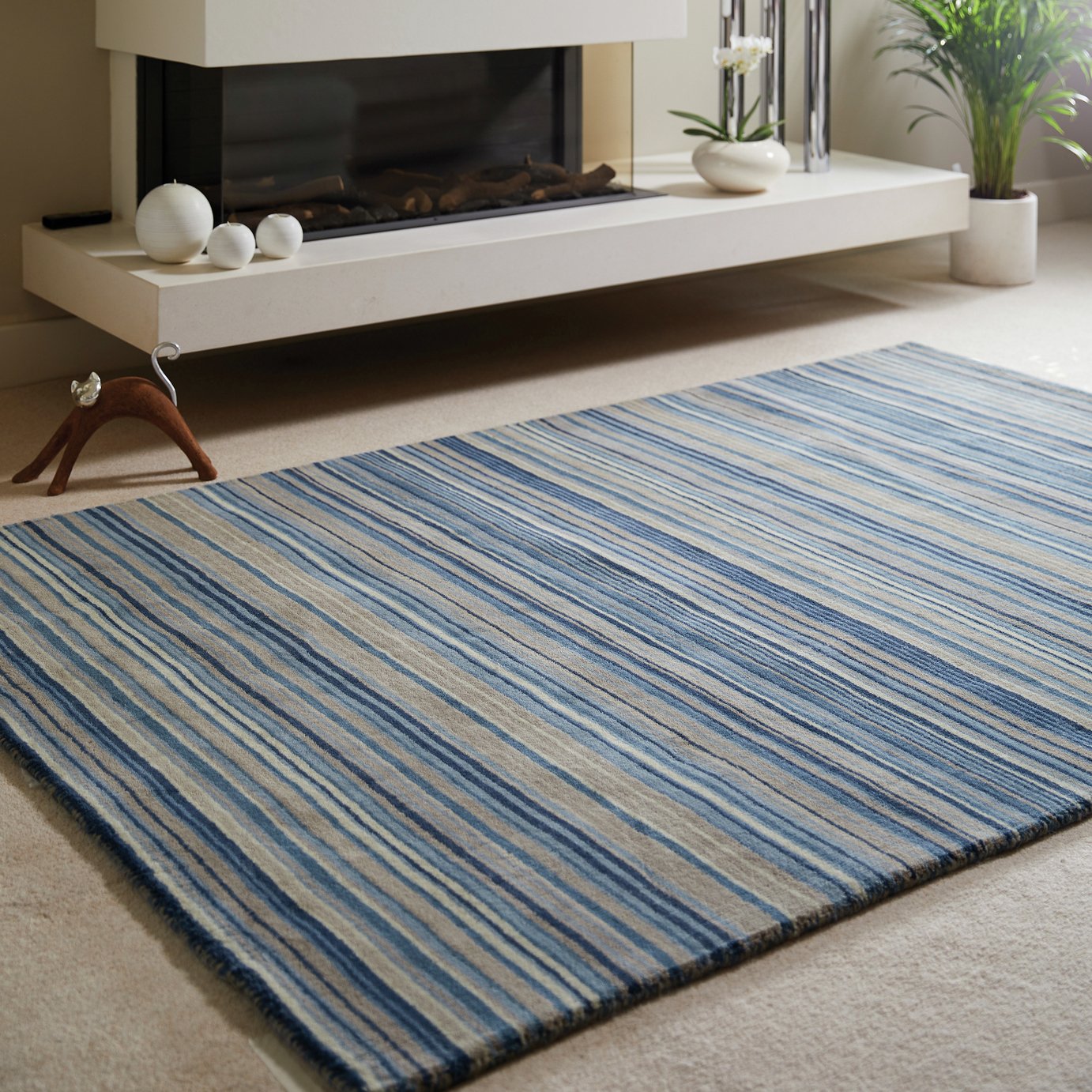Origins Fine Stripe Blue Wool Short Pile Rug