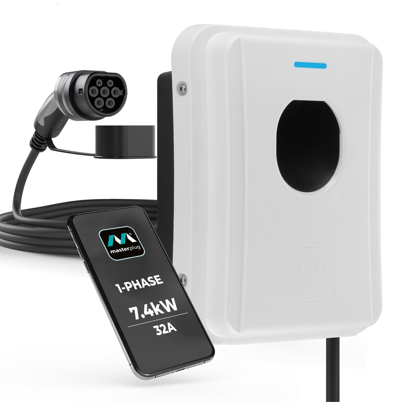 Masterplug Type 2 7.4kW  5m Tethered EV Charger - White