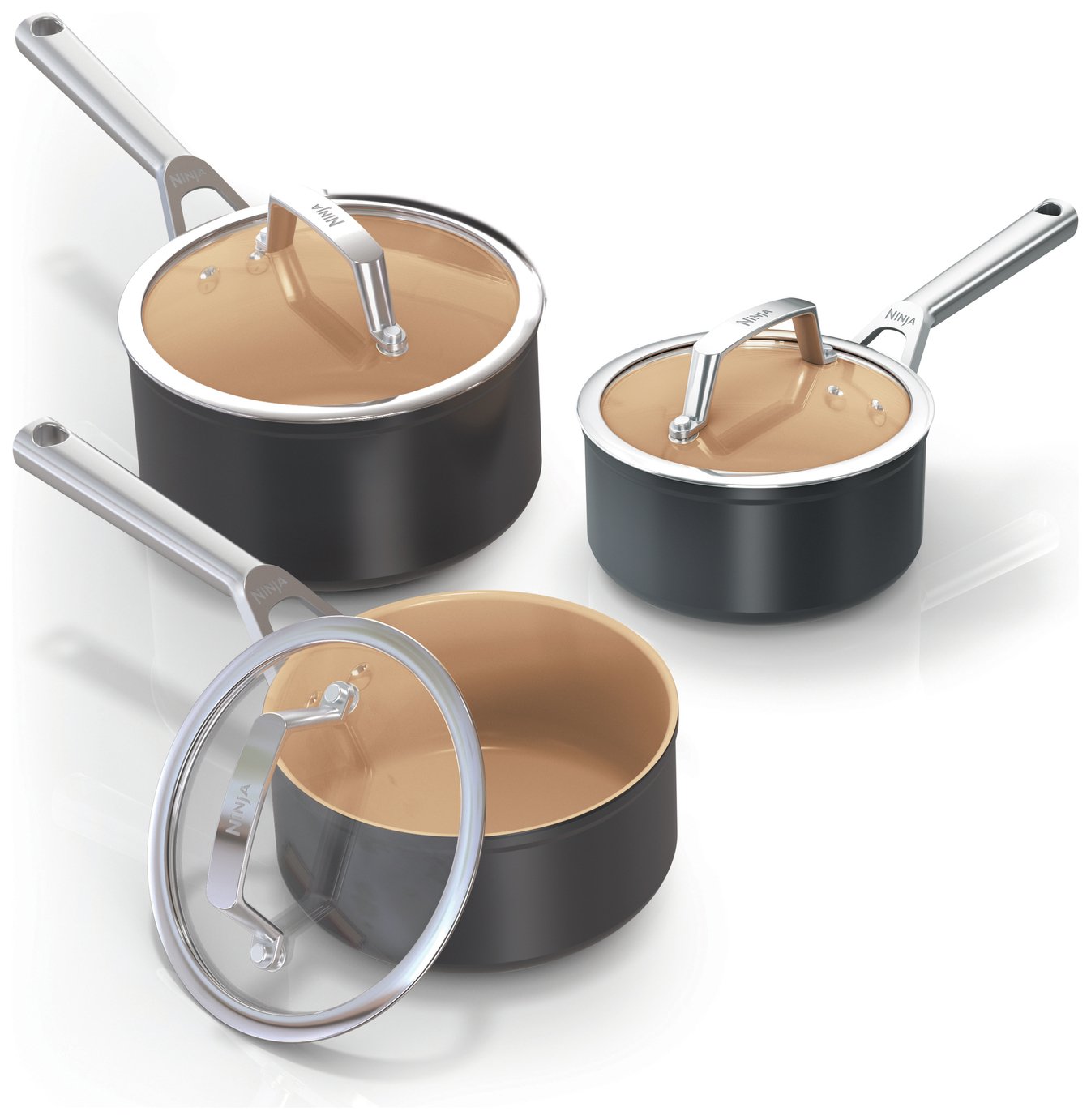 Ninja 3 Piece Extended Life Ceramic Aluminium Saucepan Set