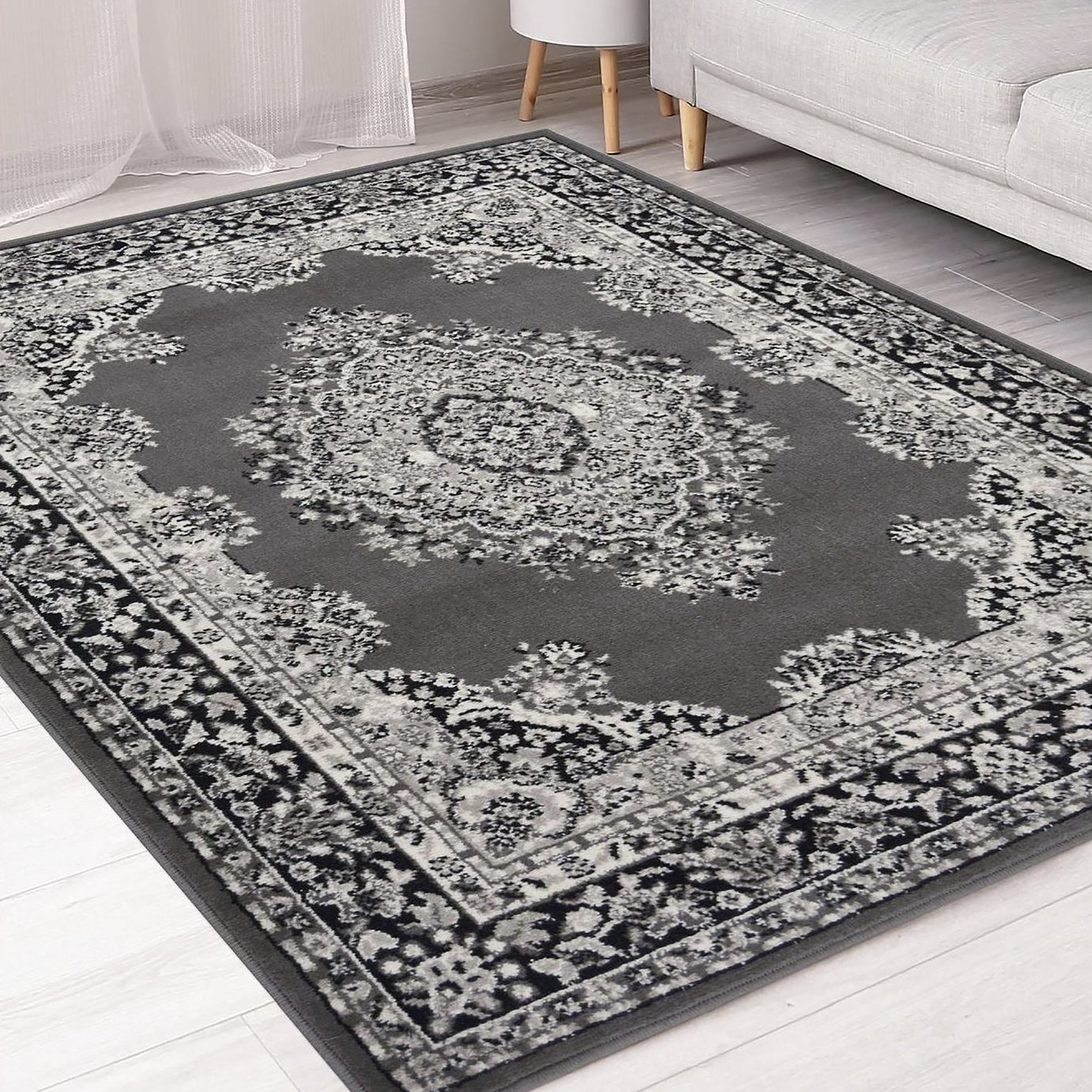 Homemaker Bukhura Traditional Grey Cut Pile Rug - 200x290cm