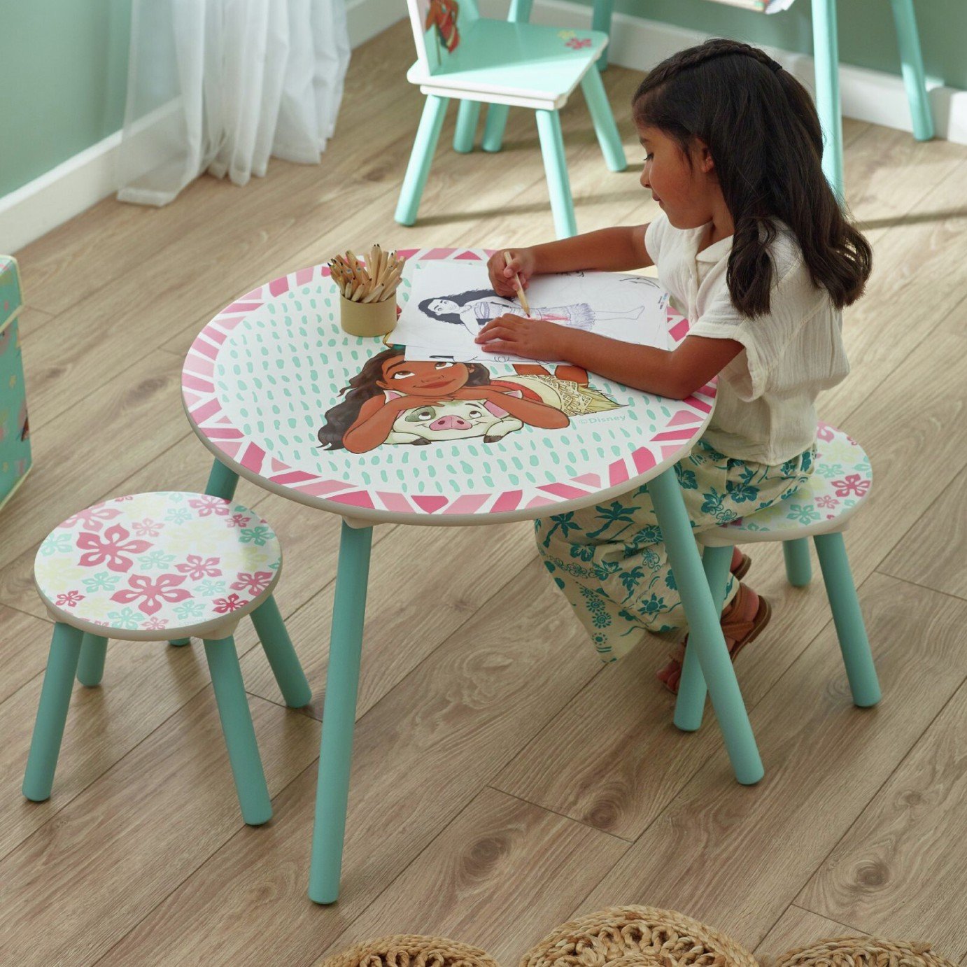 Disney Moana Round Table and Stool - Pink on White
