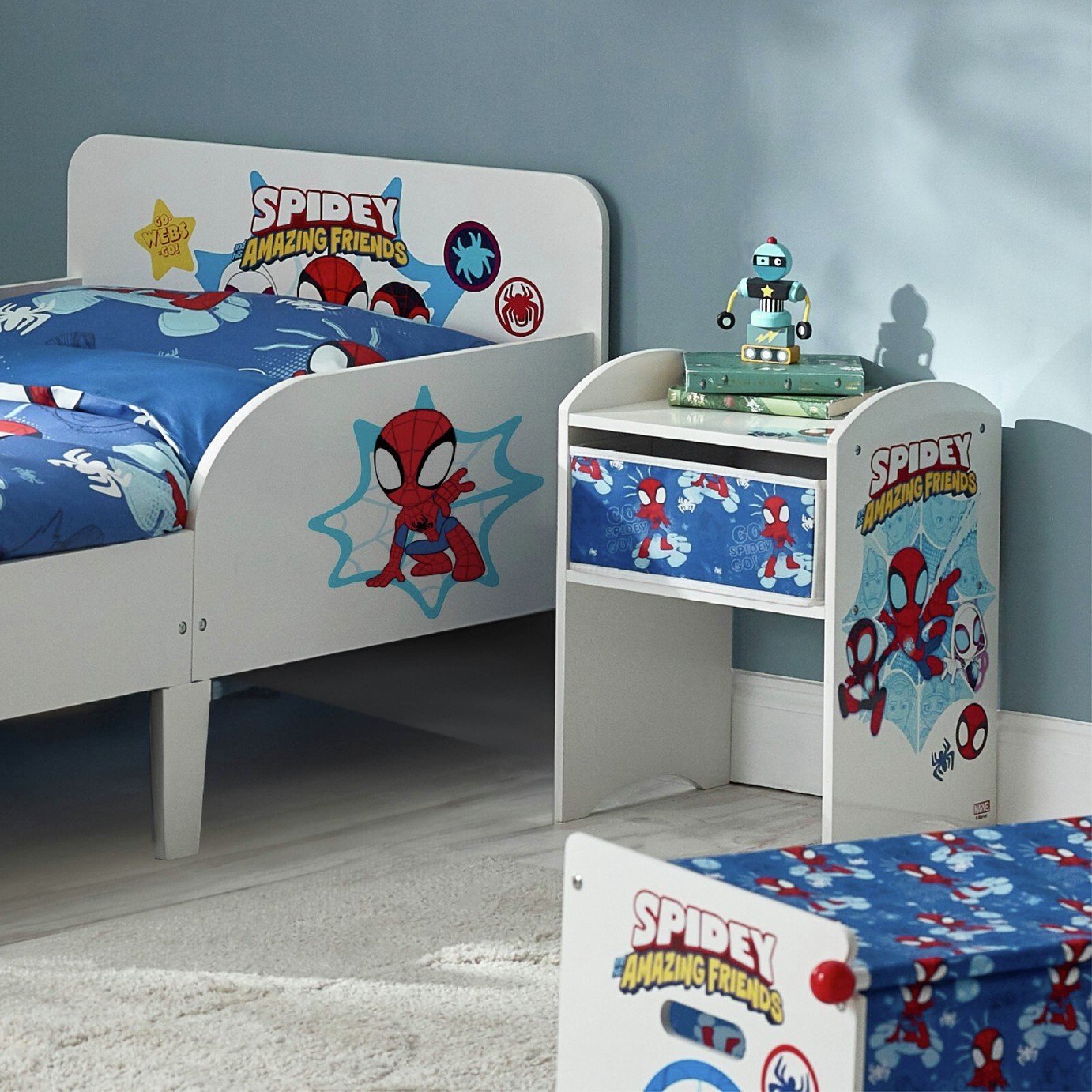 Spidey 1 Drawer Bedside Table - White & Blue