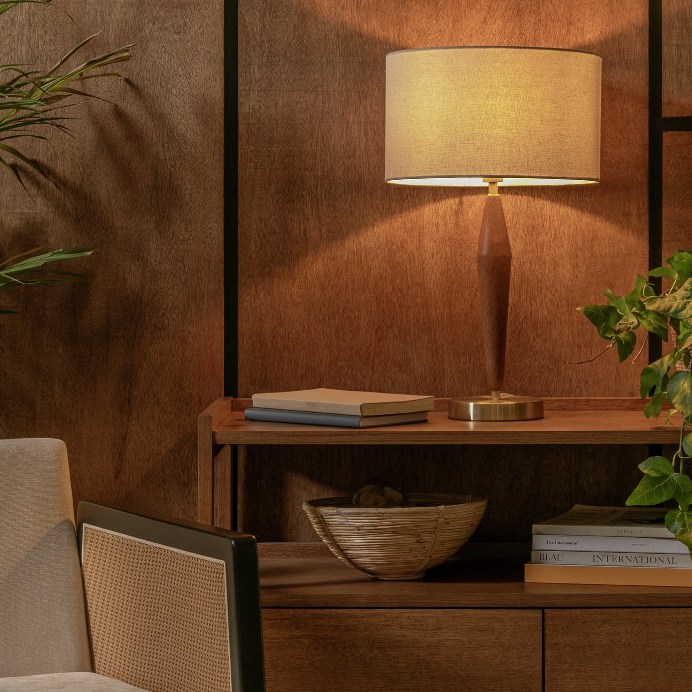 Habitat Wood and Brass Table Lamp - Walnut & Natural