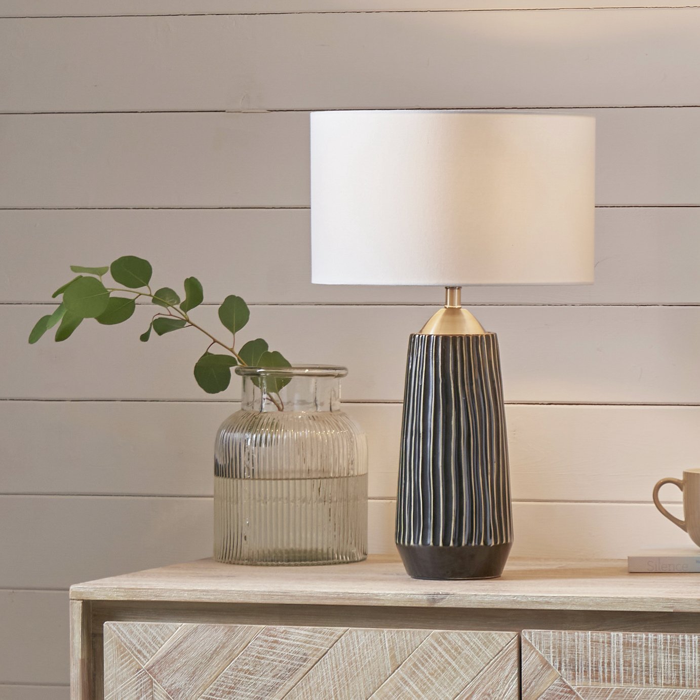 Pacific Artemis Ceramic Ridged Stripe Tall Table Lamp- Black