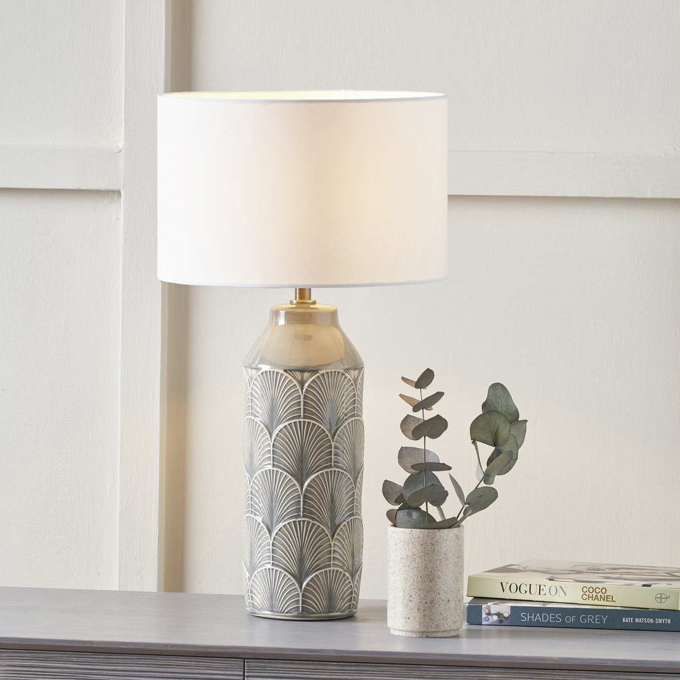 Pacific Bethan Ceramic Embossed Table Lamp - Grey & Ivory